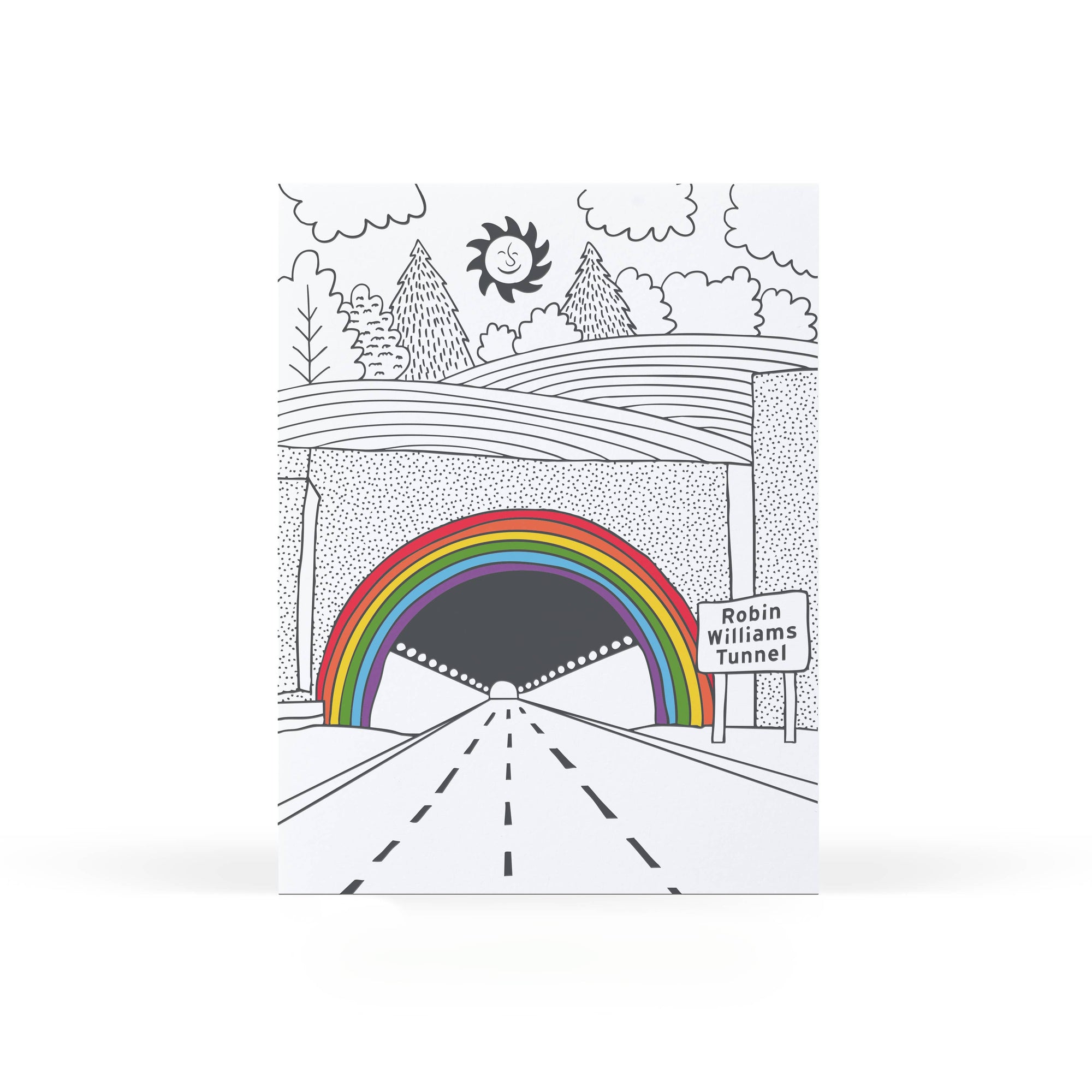 Illustration of a rainbow over a road with trees and a sun in the background