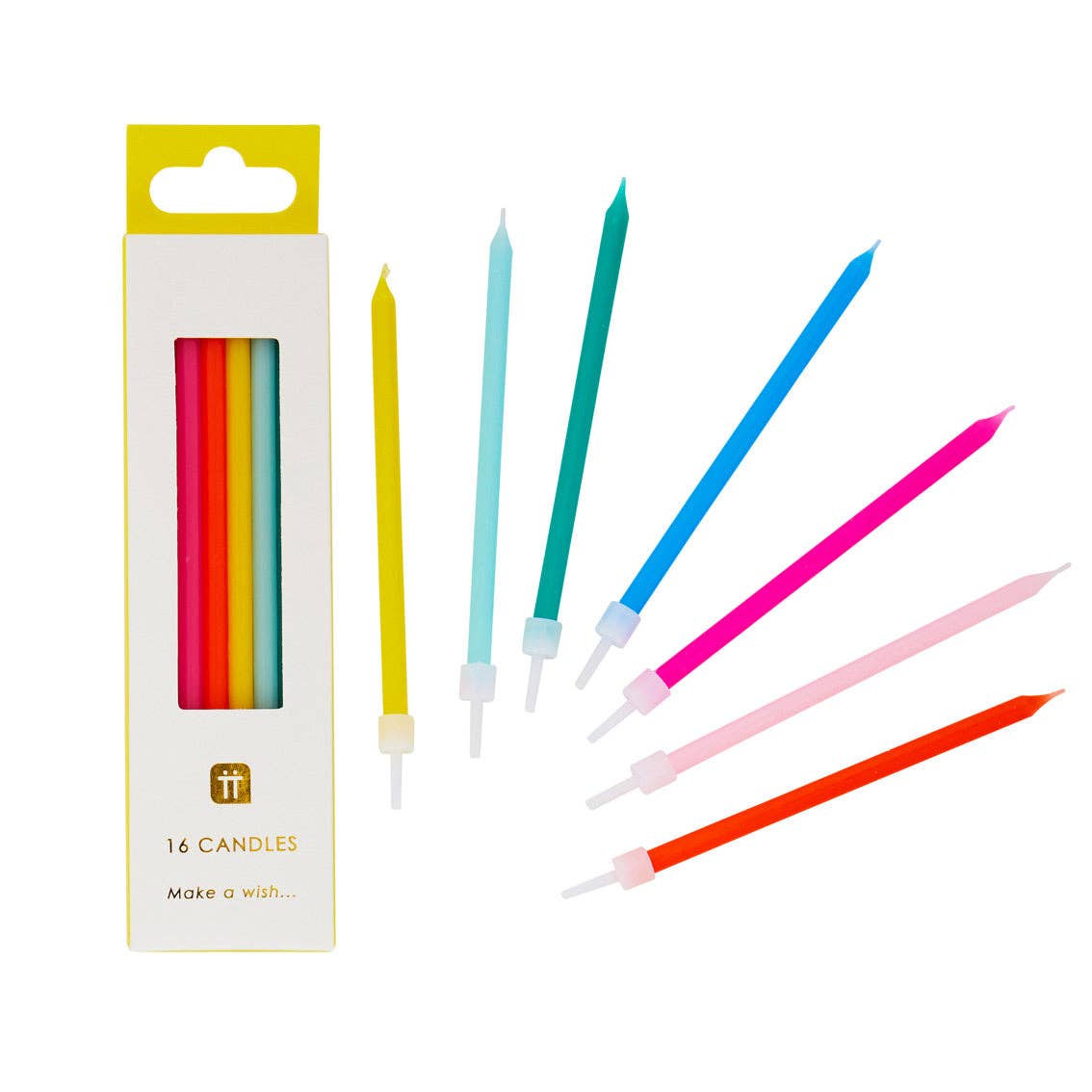 Set of colorful birthday candles with packaging on a white background