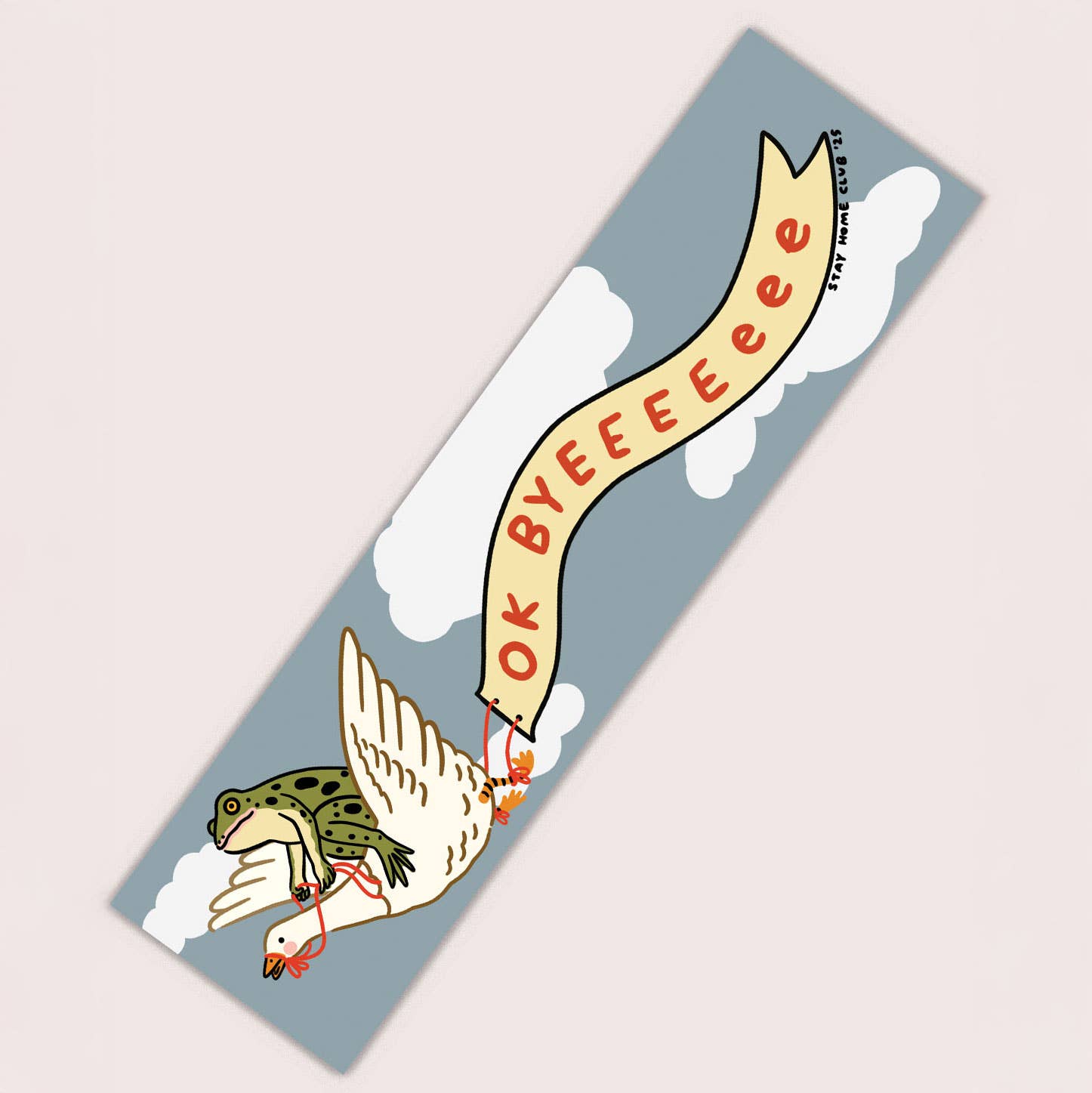 Yoga mat with cartoon frog and bird design and 'OK BYEEEEEE' text on a light background