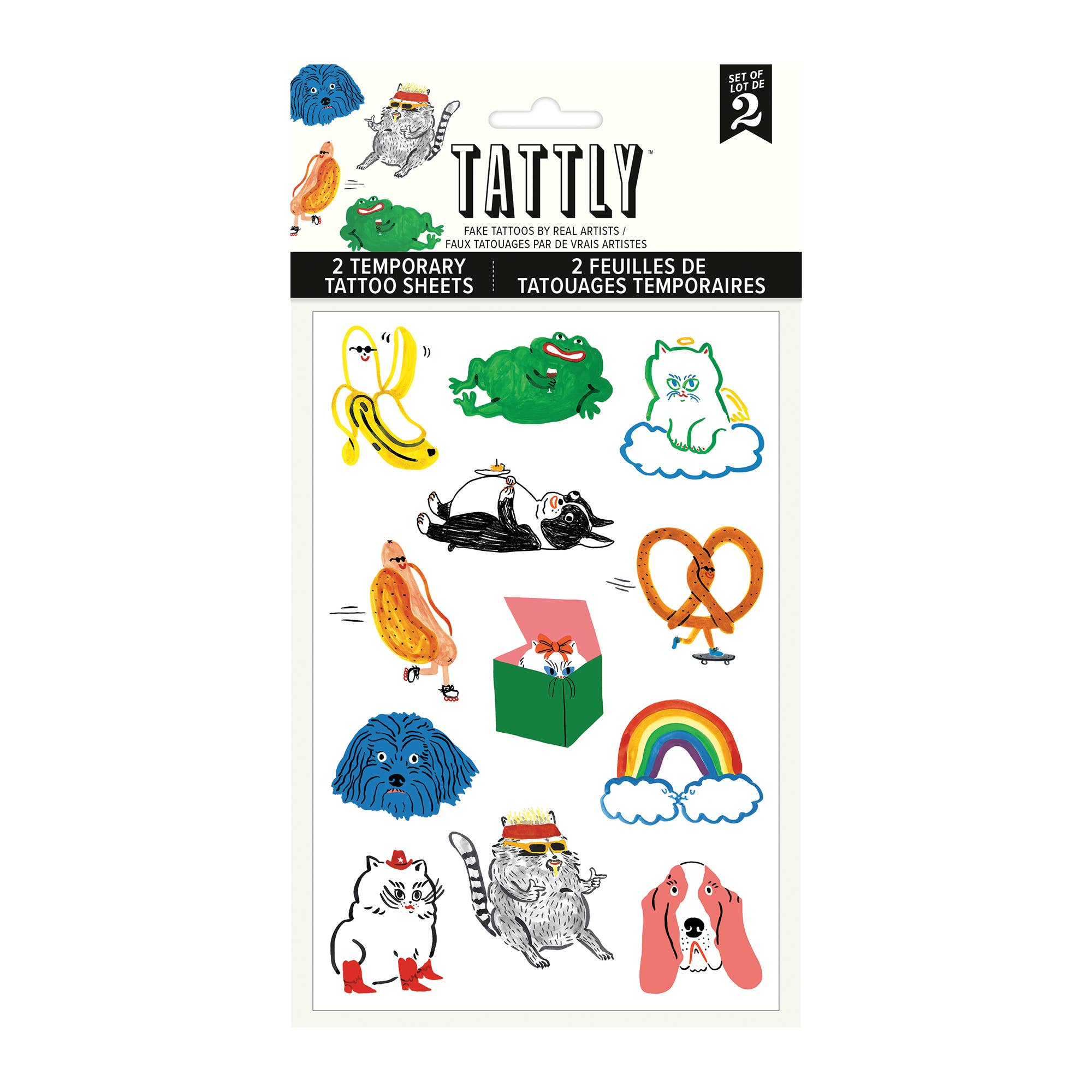 Tattly temporary tattoo sheets with various colorful designs on a white background