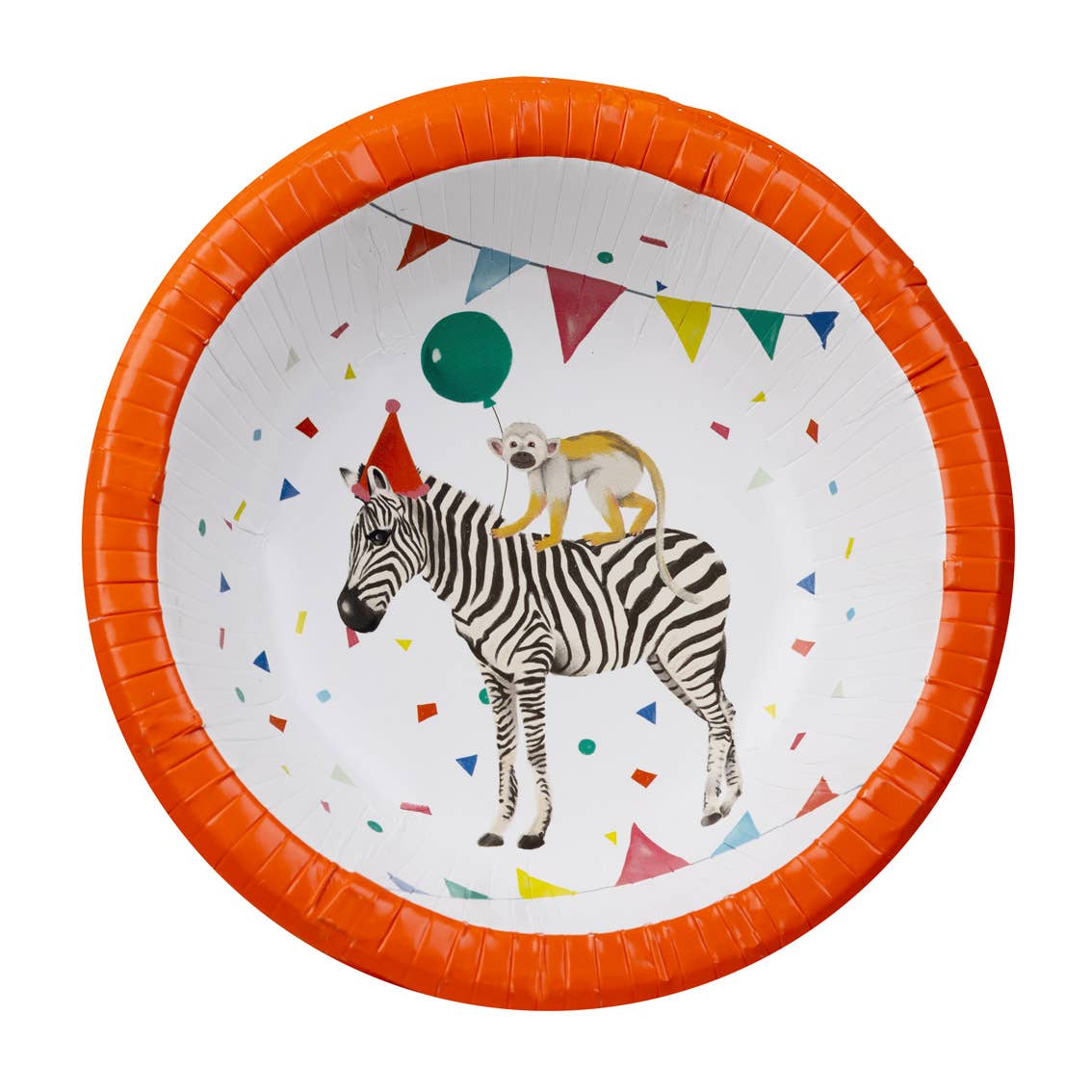 Paper plate with a zebra and monkey design on a white background