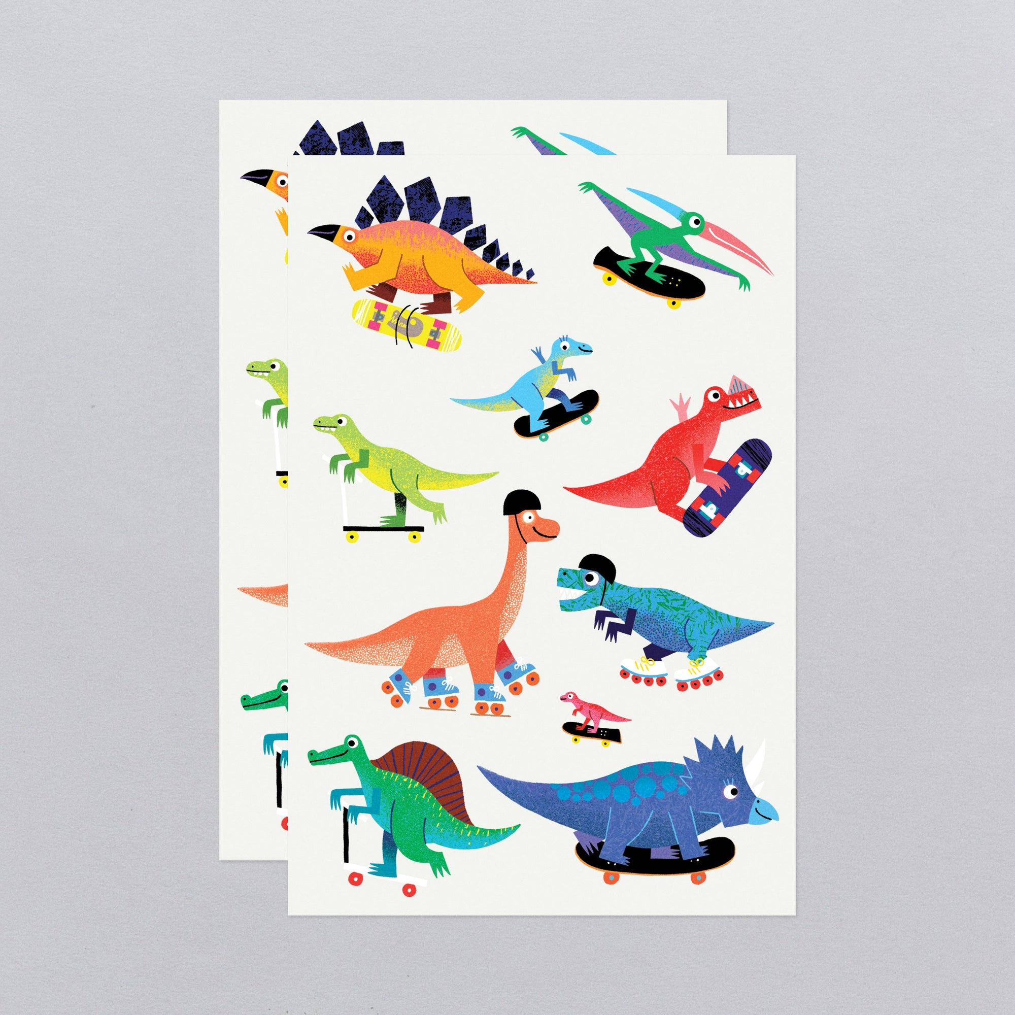 Sheet of colorful dinosaur tattoos on a gray background