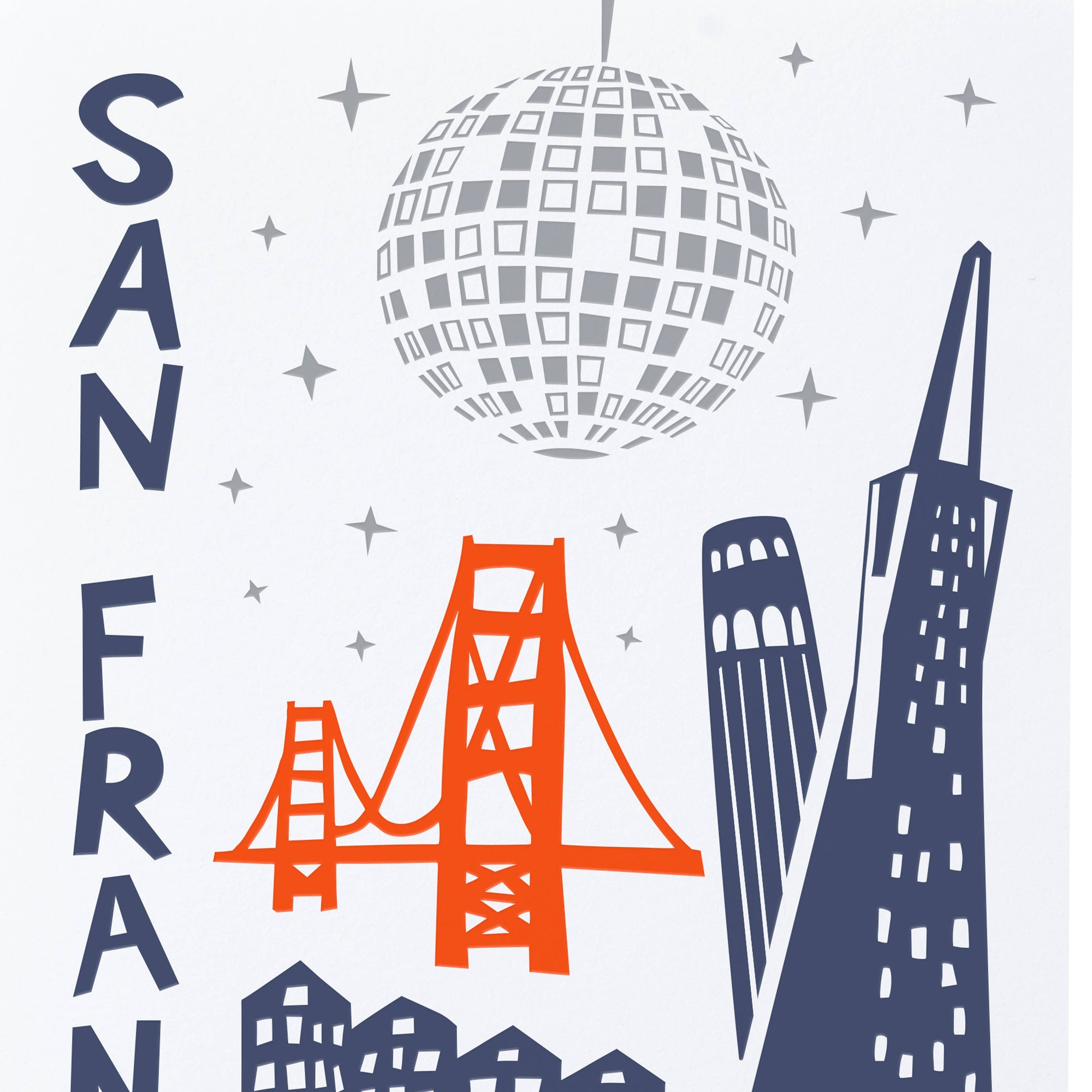 Illustration of San Francisco skyline with iconic landmarks and disco ball on a light gray background.