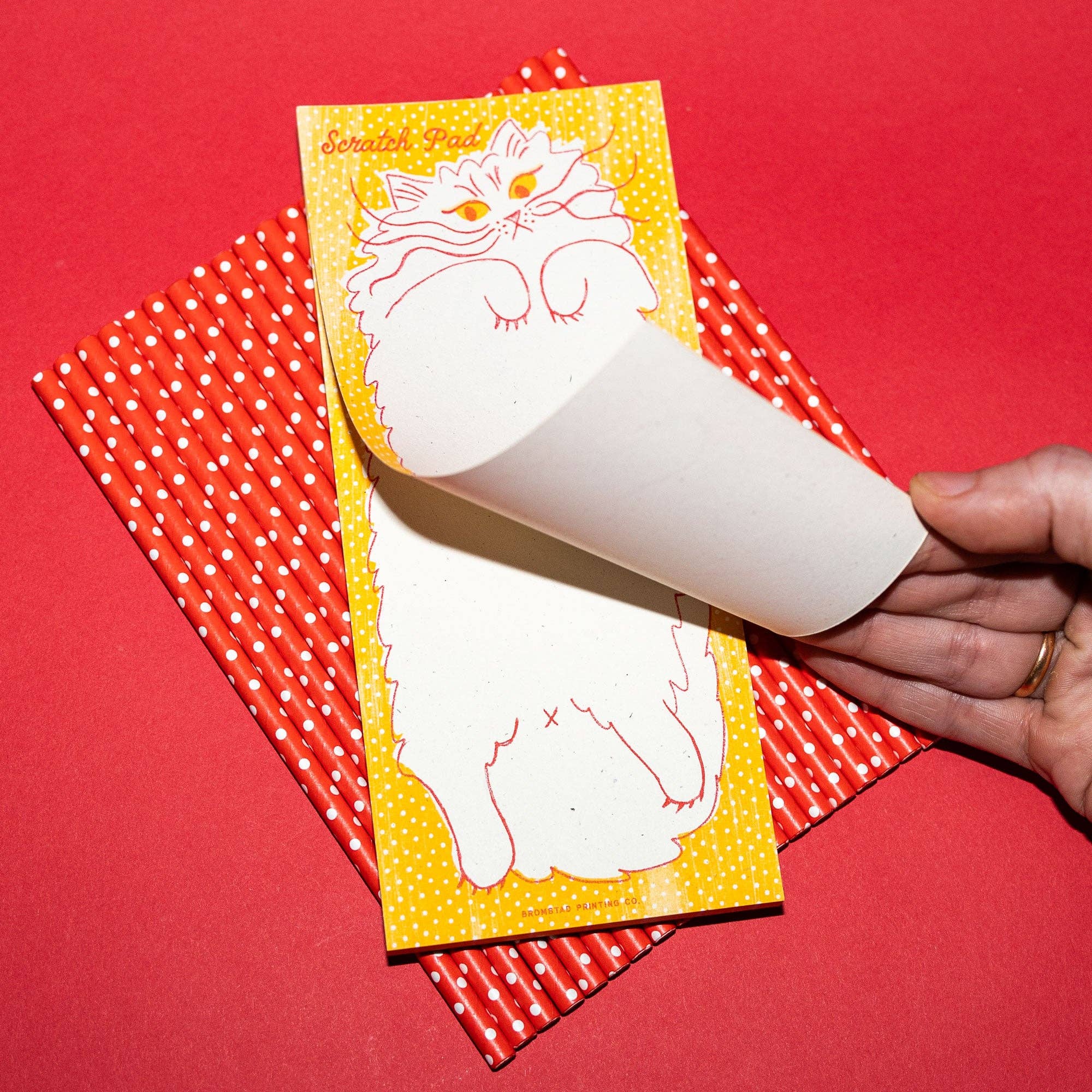 Scratch pad with cat design on a red background