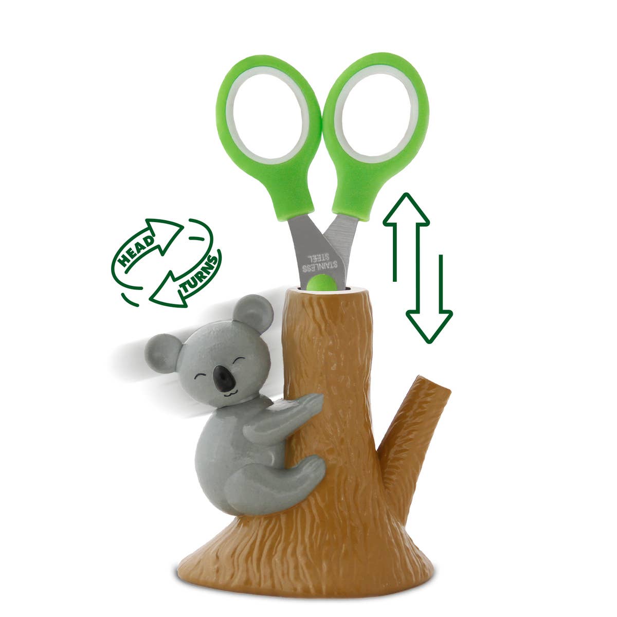 Scissors with green handles on a tree stump stand featuring a koala, with a recycle symbol and arrows indicating height adjustment.