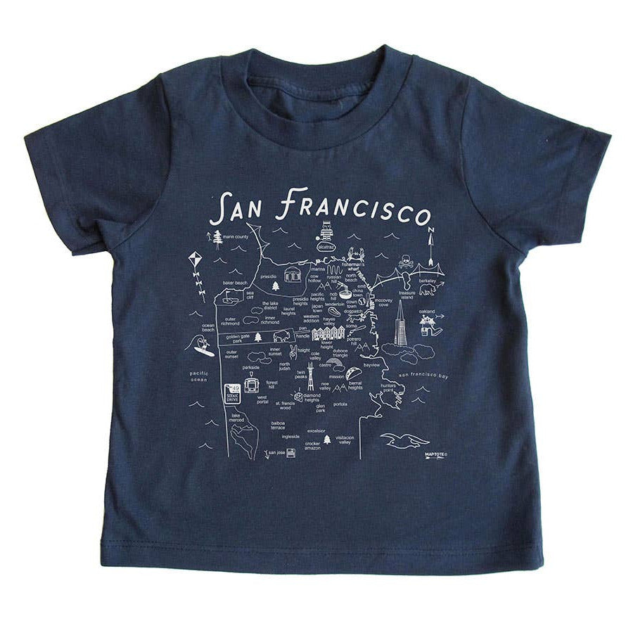 A navy-colored toddler t-shirt with a hand silkscreened white map of San Francisco, California.