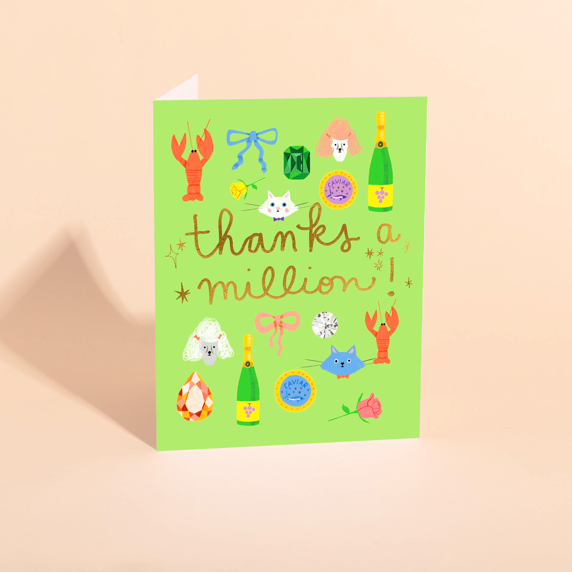Greeting card with illustrations and 'thanks a million!' text on a beige background