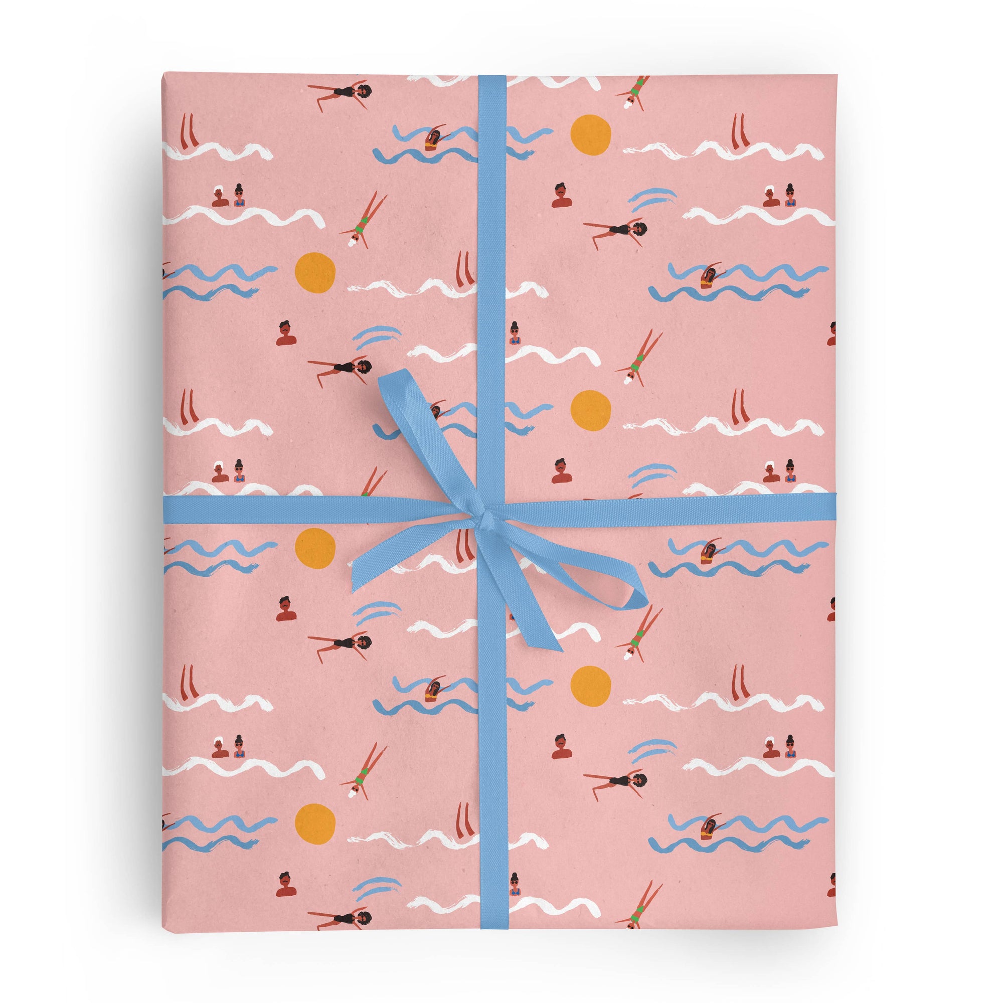Gift box wrapped in pink paper with swimmer pattern and blue ribbon on a white background