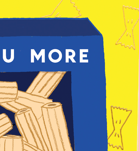 Blue box with pasta illustration on a yellow background