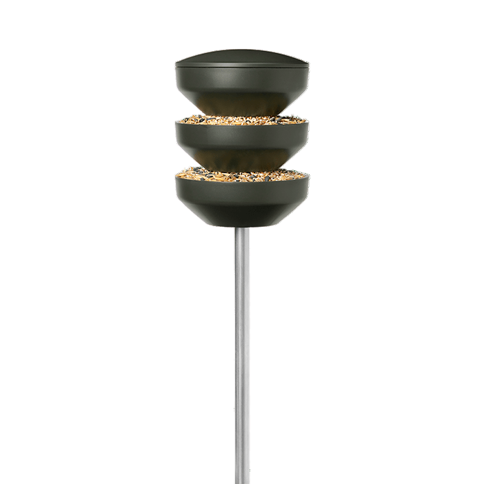 Three-tiered bird feeder on a stand with a clear background
