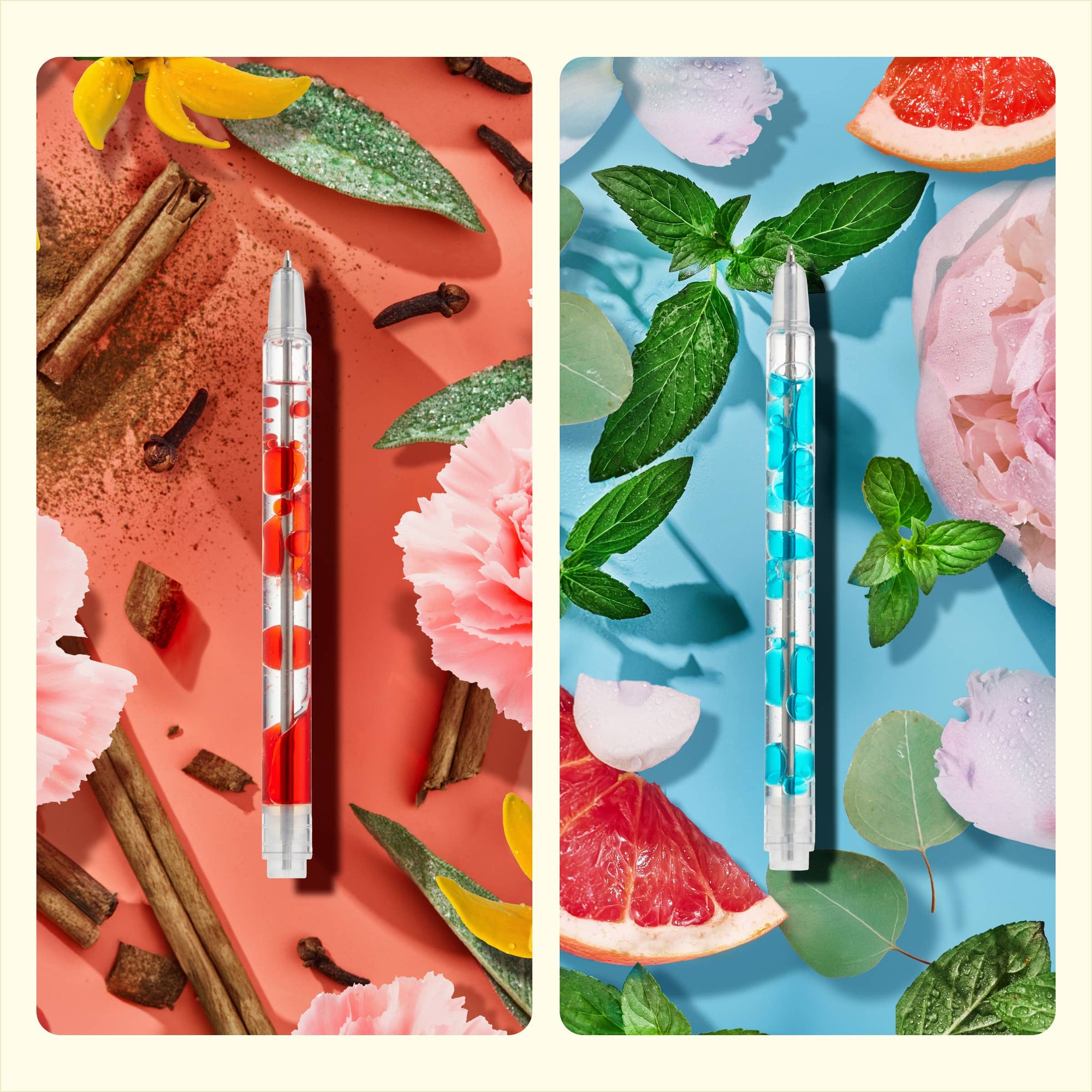 Two pens on a colorful background with floral and fruit elements