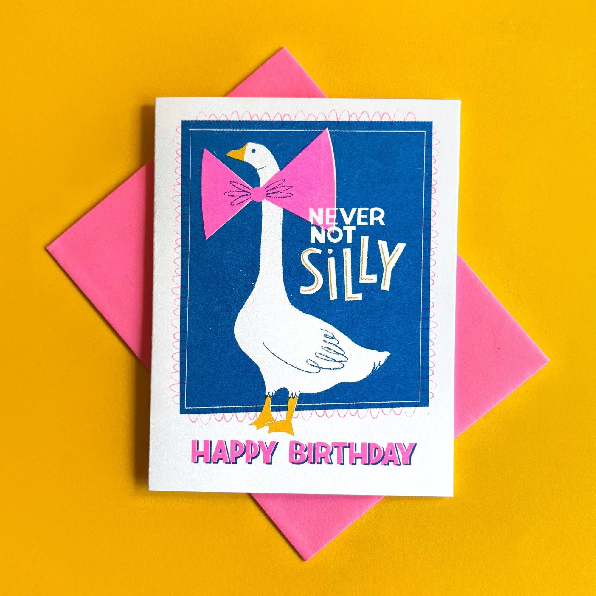 Birthday card with a goose illustration and text on a yellow background