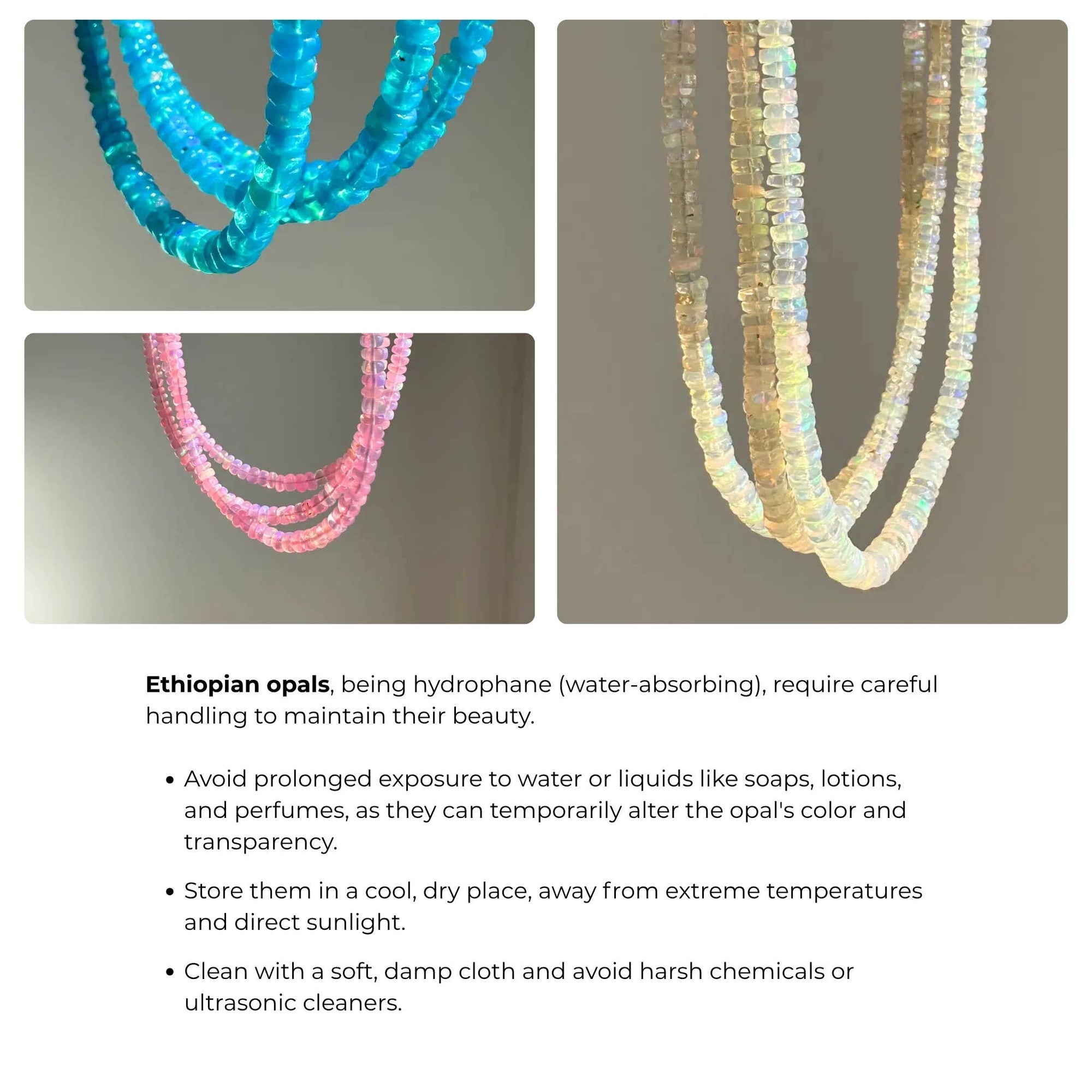 Collage of Ethiopian opal necklaces with care instructions text.