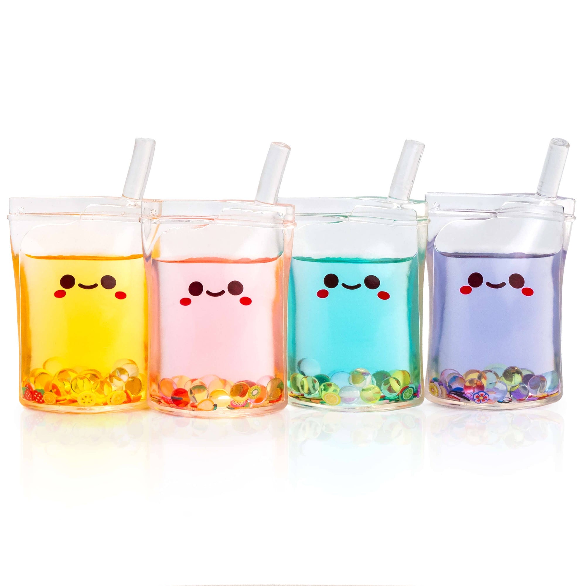Four colorful cups with straw lids, each containing a different colored liquid and small round objects.