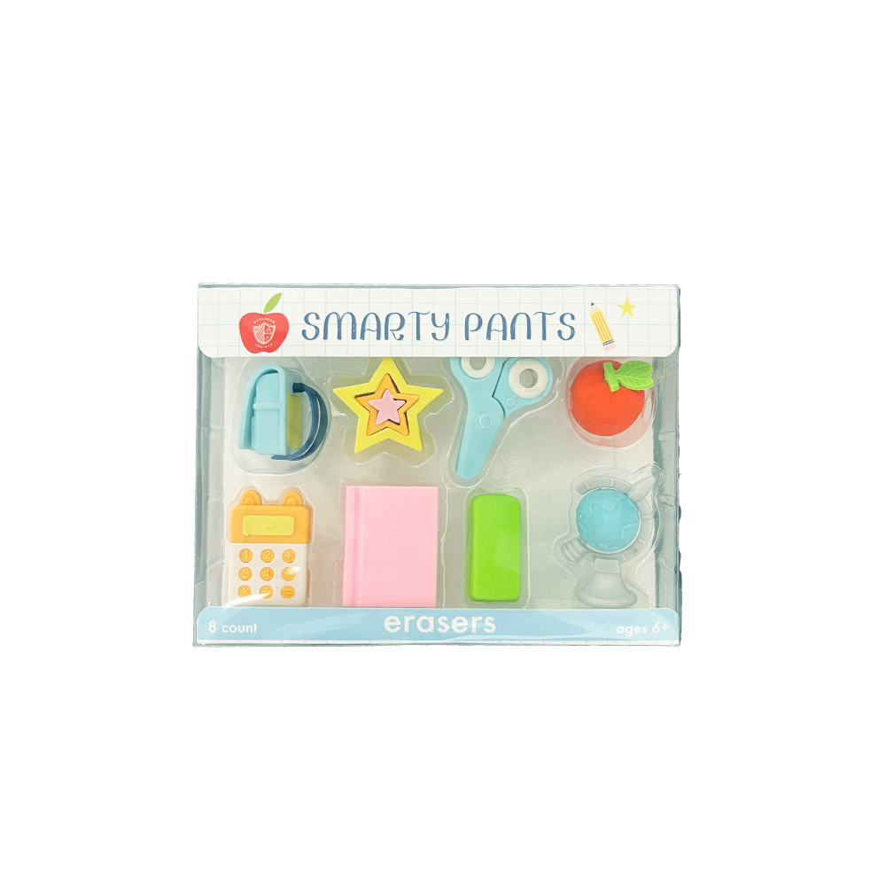 Set of colorful erasers in a 'Smarty Pants' packaging on a white background