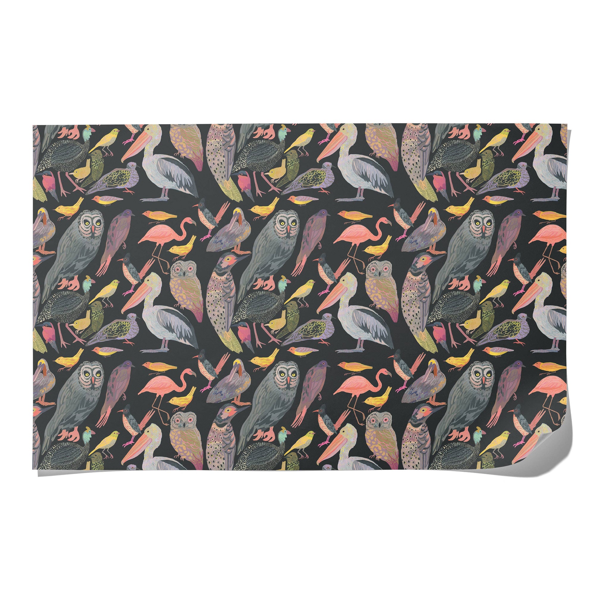 Patterned paper with birds and owls on a dark background