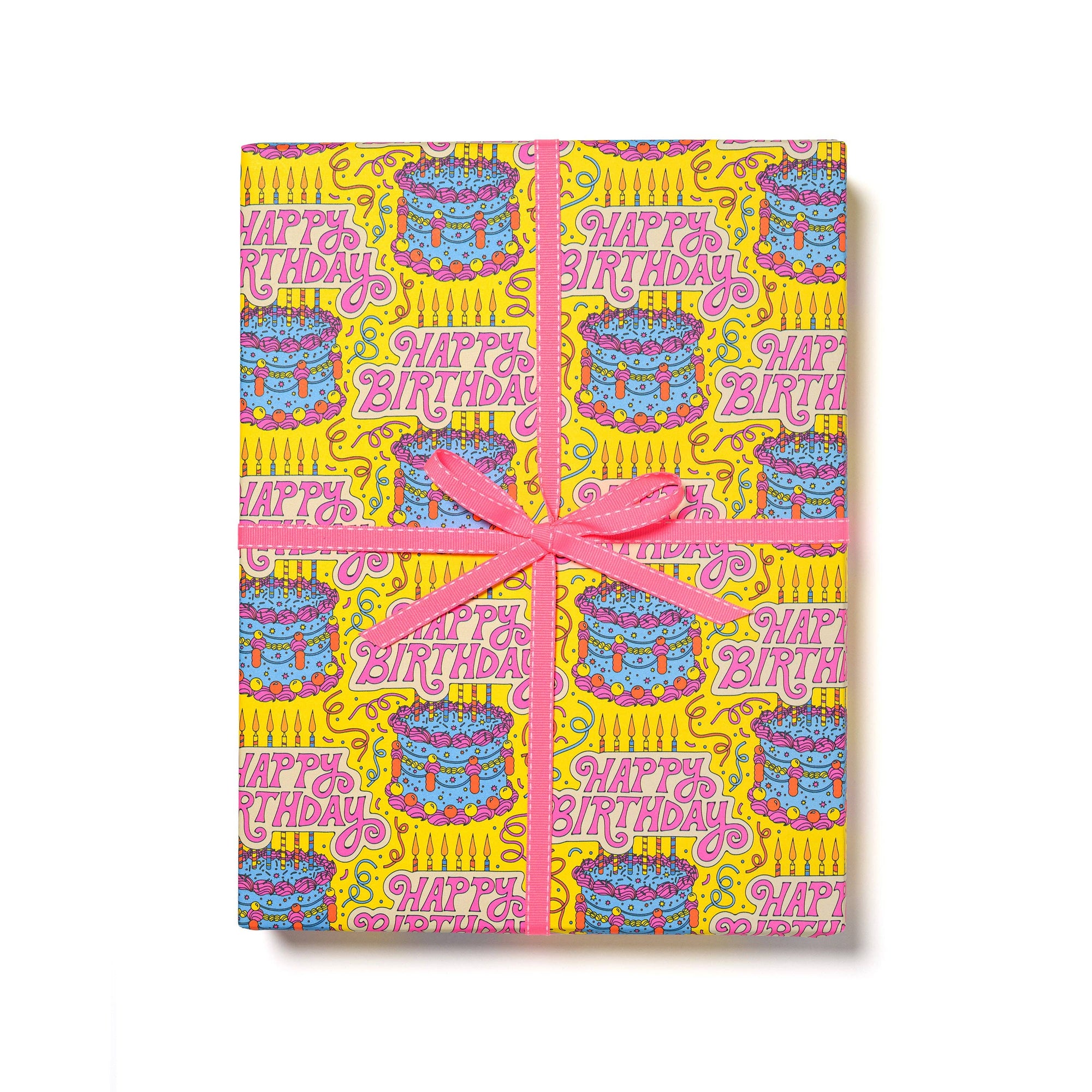 Gift wrap with 'Happy Birthday' and cake designs on a yellow background