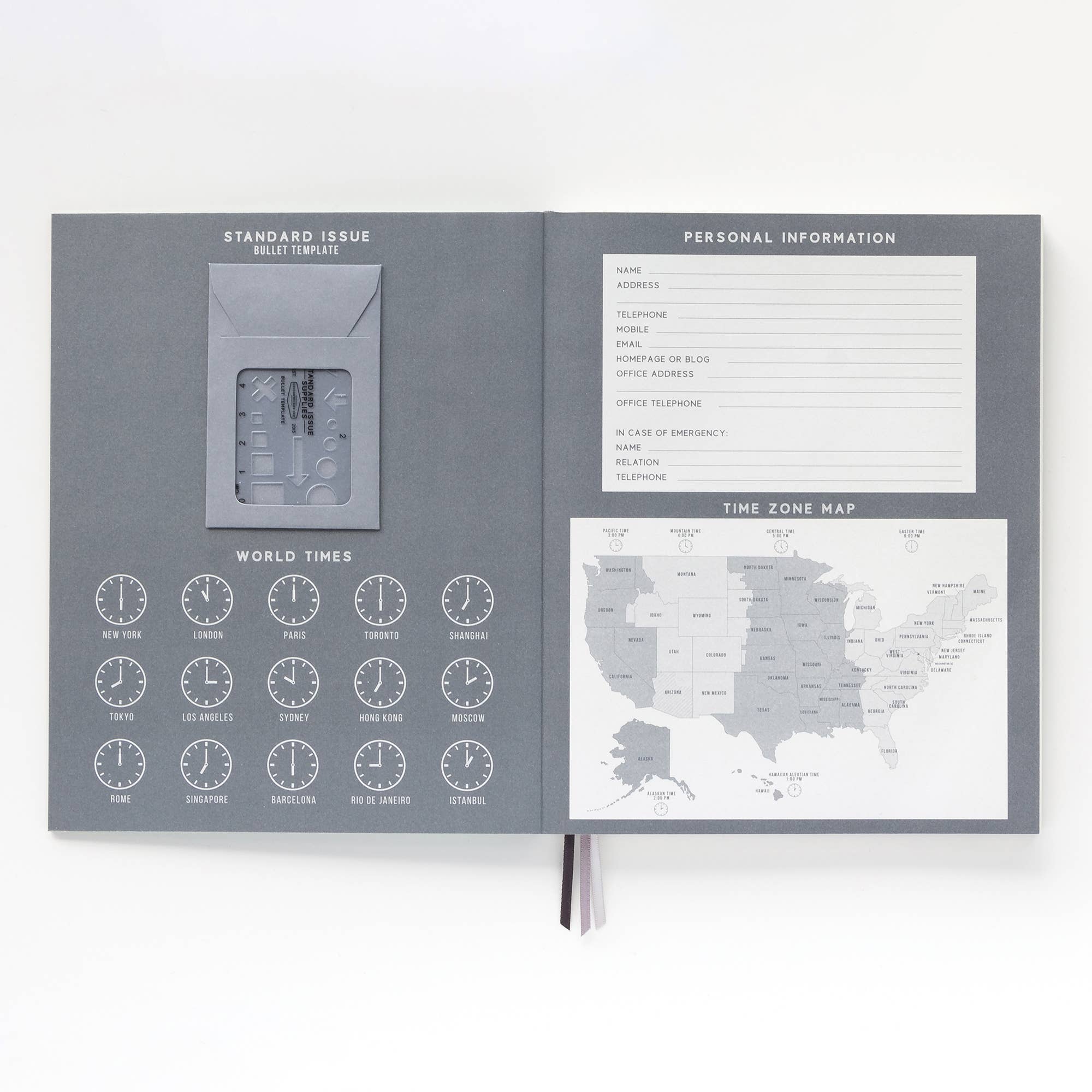 Gray notebook with world times and time zone map on a white background