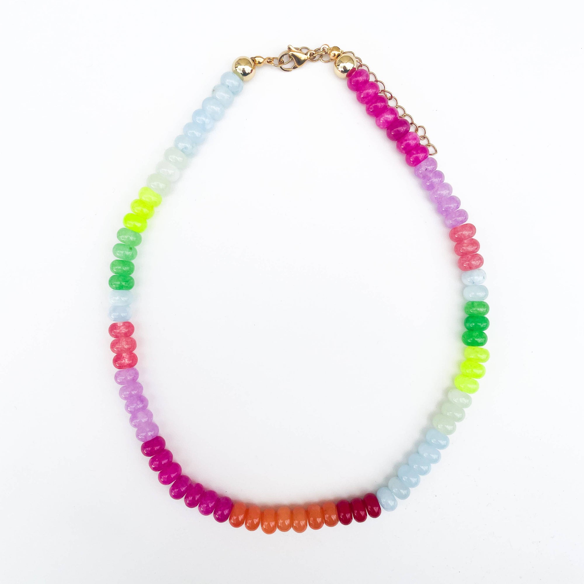 Necklace with multicolored beads on a white background