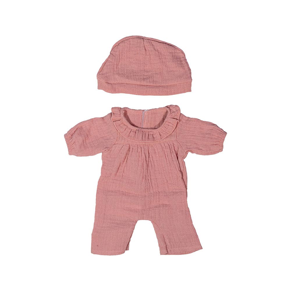 Pink doll romper with matching hat on a white background