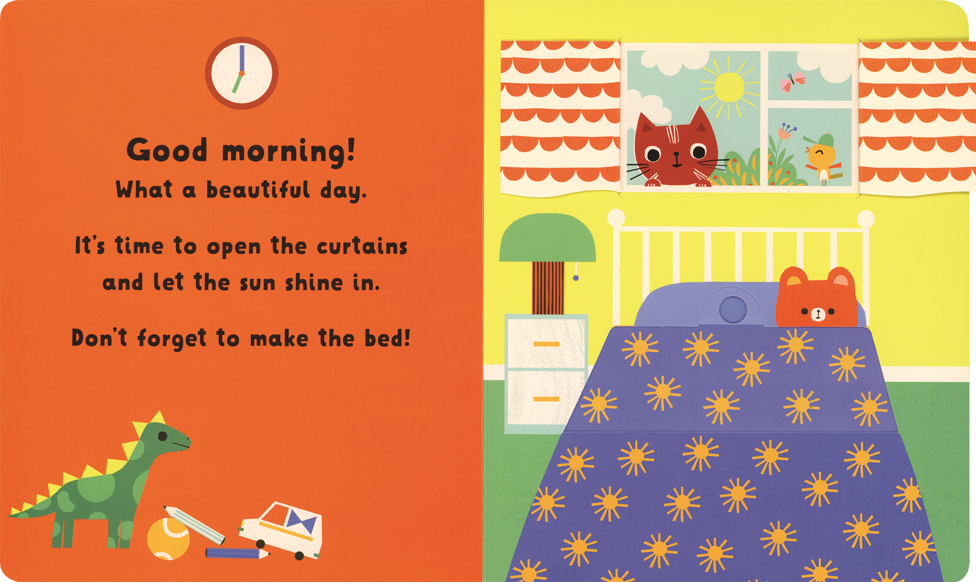Children's book page with a bedroom illustration and text about starting the day.