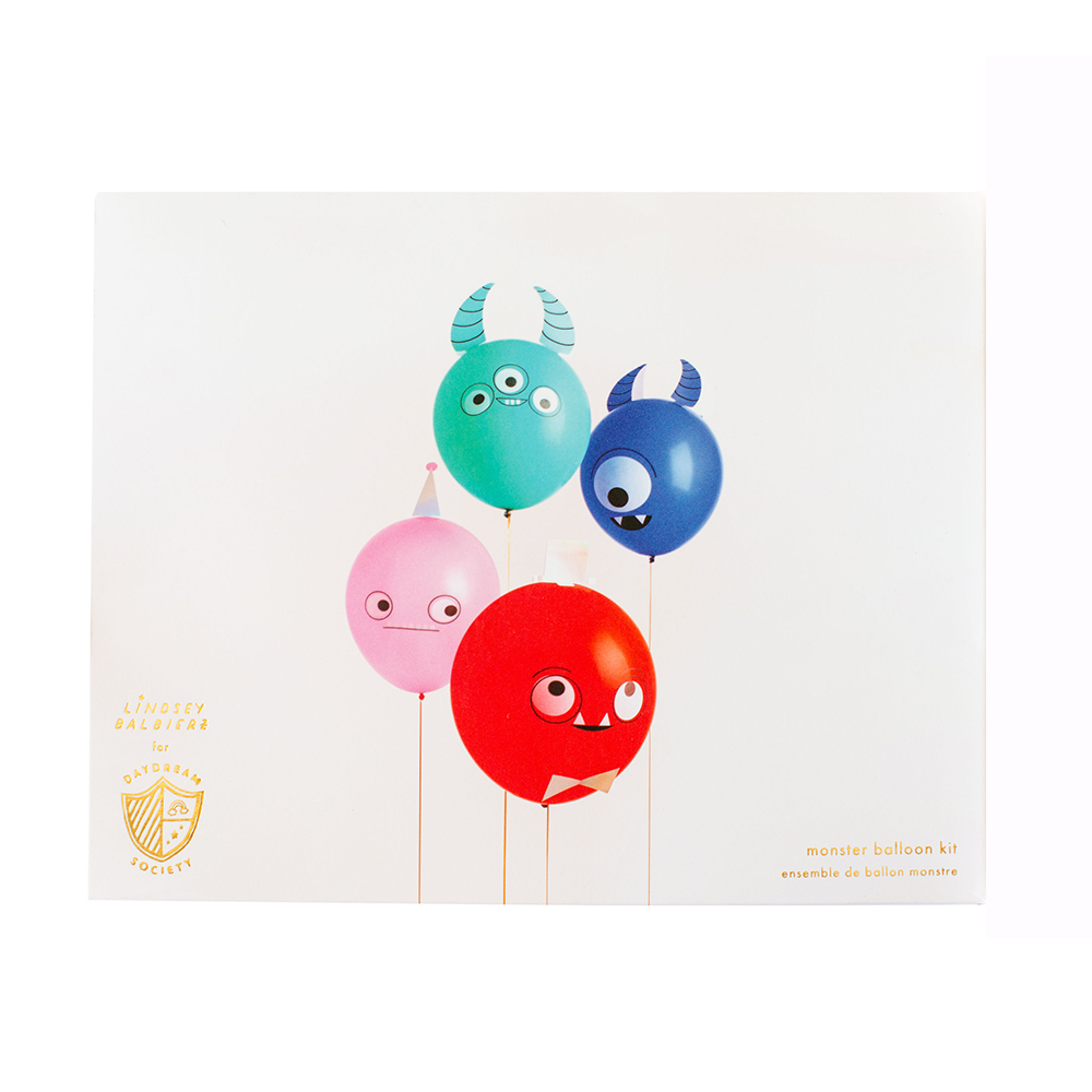 Monster-themed balloon kit packaging with colorful balloons on a white background