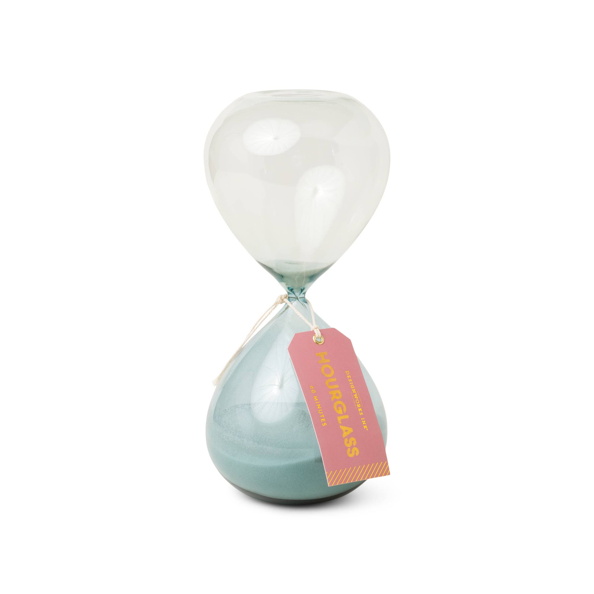 Hourglass with a tag on a white background