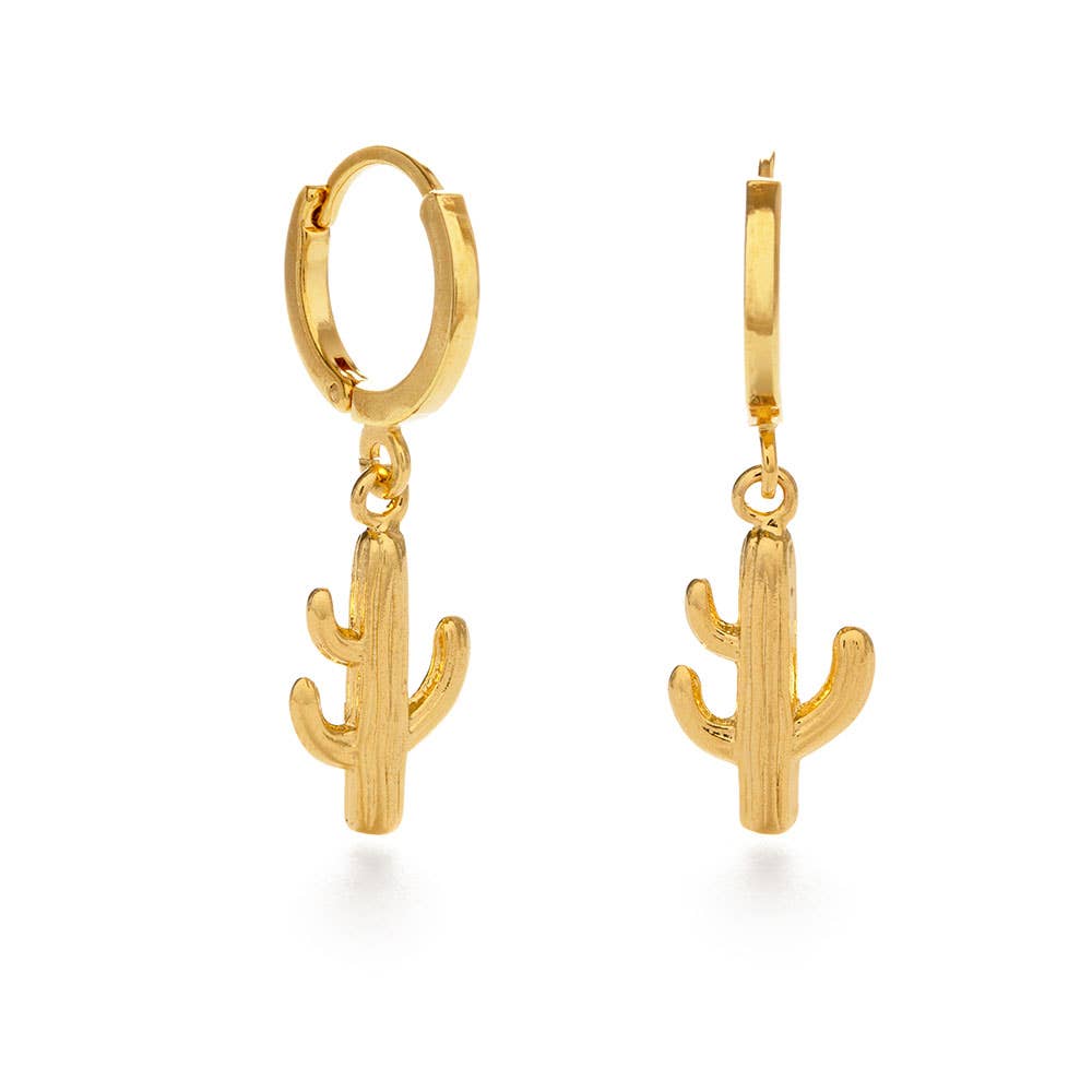 Gold cactus-shaped earrings on a white background