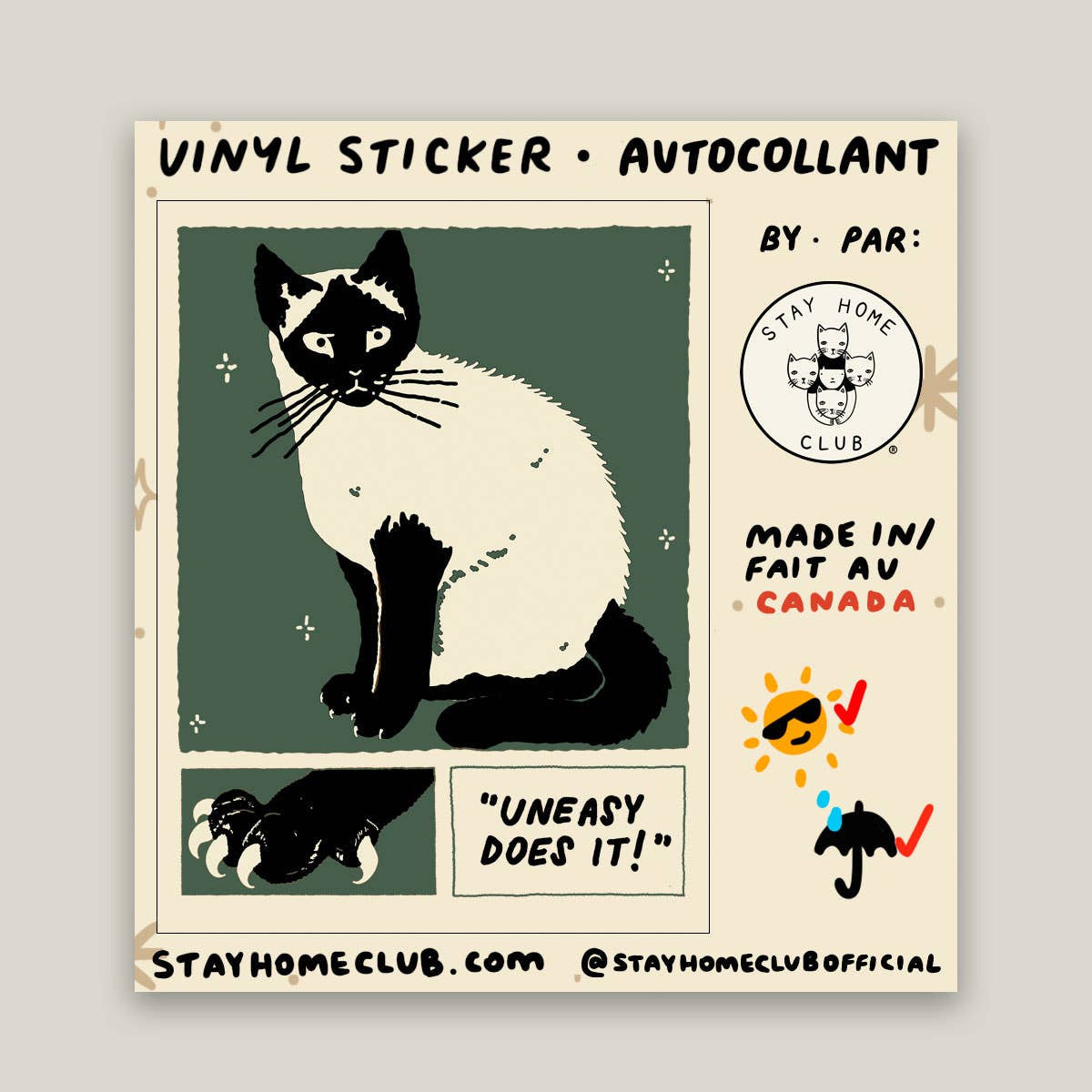 Vinyl sticker with a cat illustration and branding on a gray background