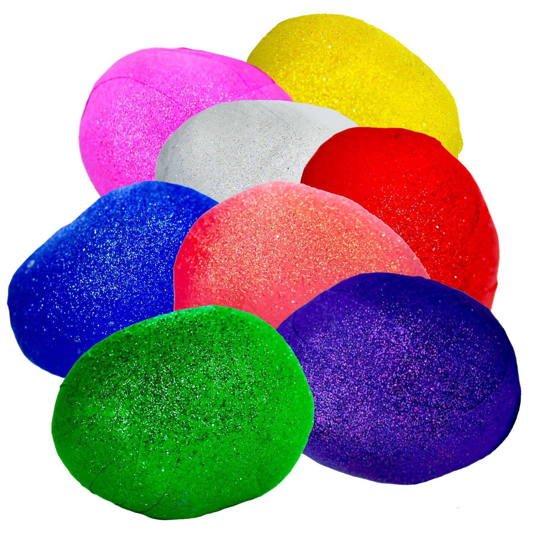 Colorful glittery surprise balls in various colors on a white background