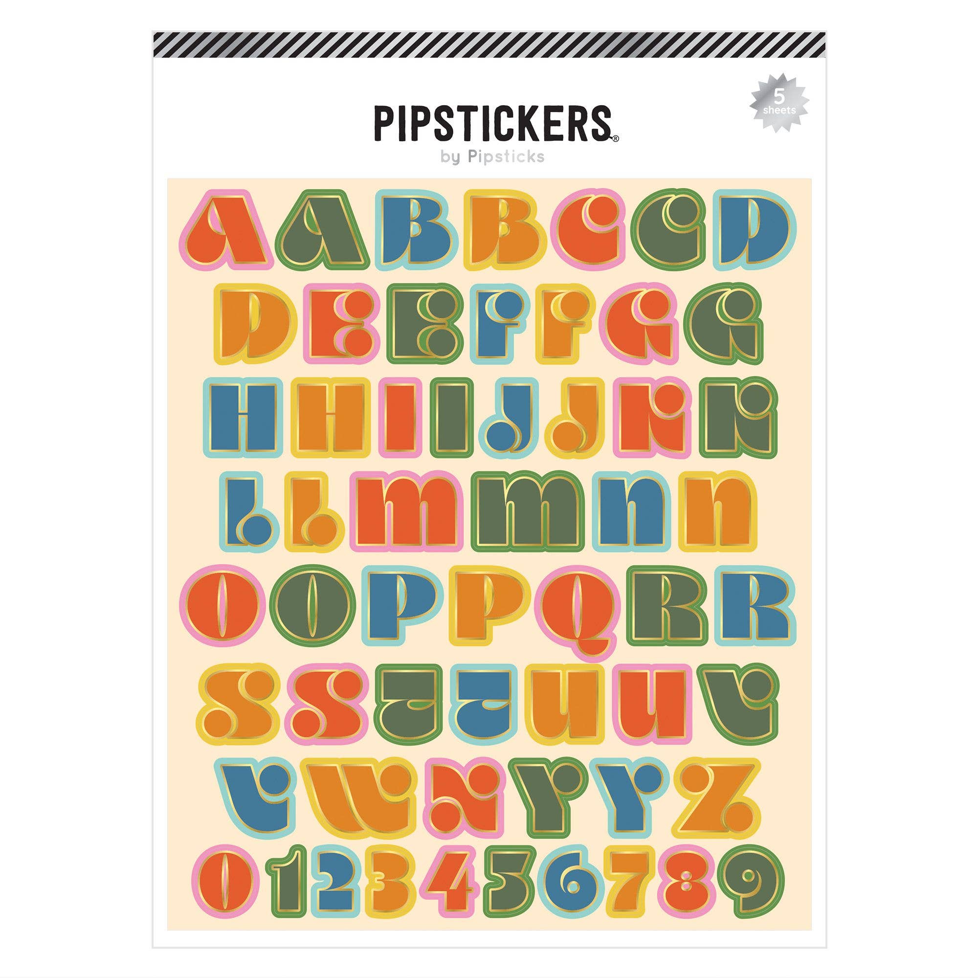 Pack of colorful alphabet and number stickers by PipStickers on a beige background.