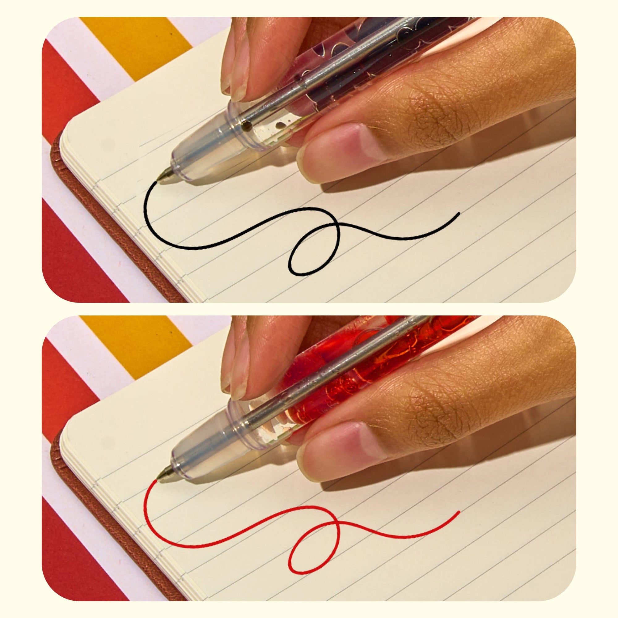 Two images showing a hand writing with a pen on lined paper, one with black ink and the other with red ink.
