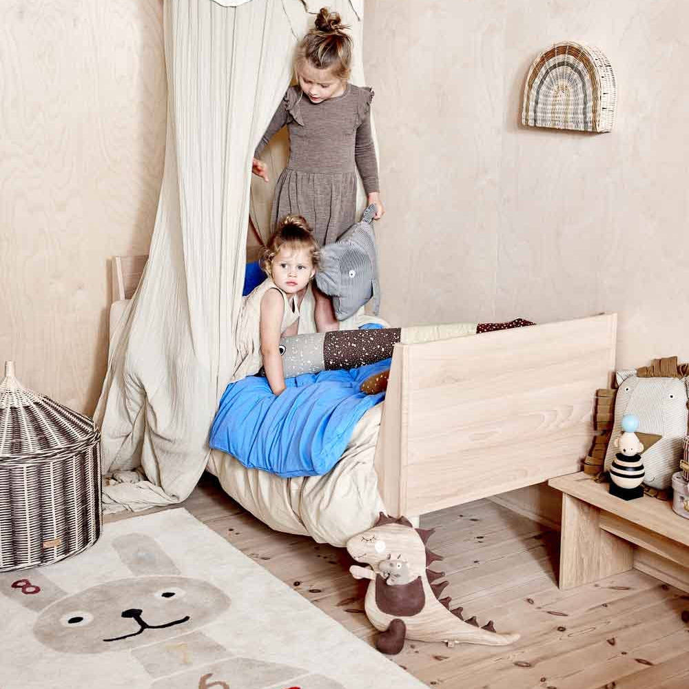 Children playing in a cozy bedroom with a canopy bed and wooden floor.