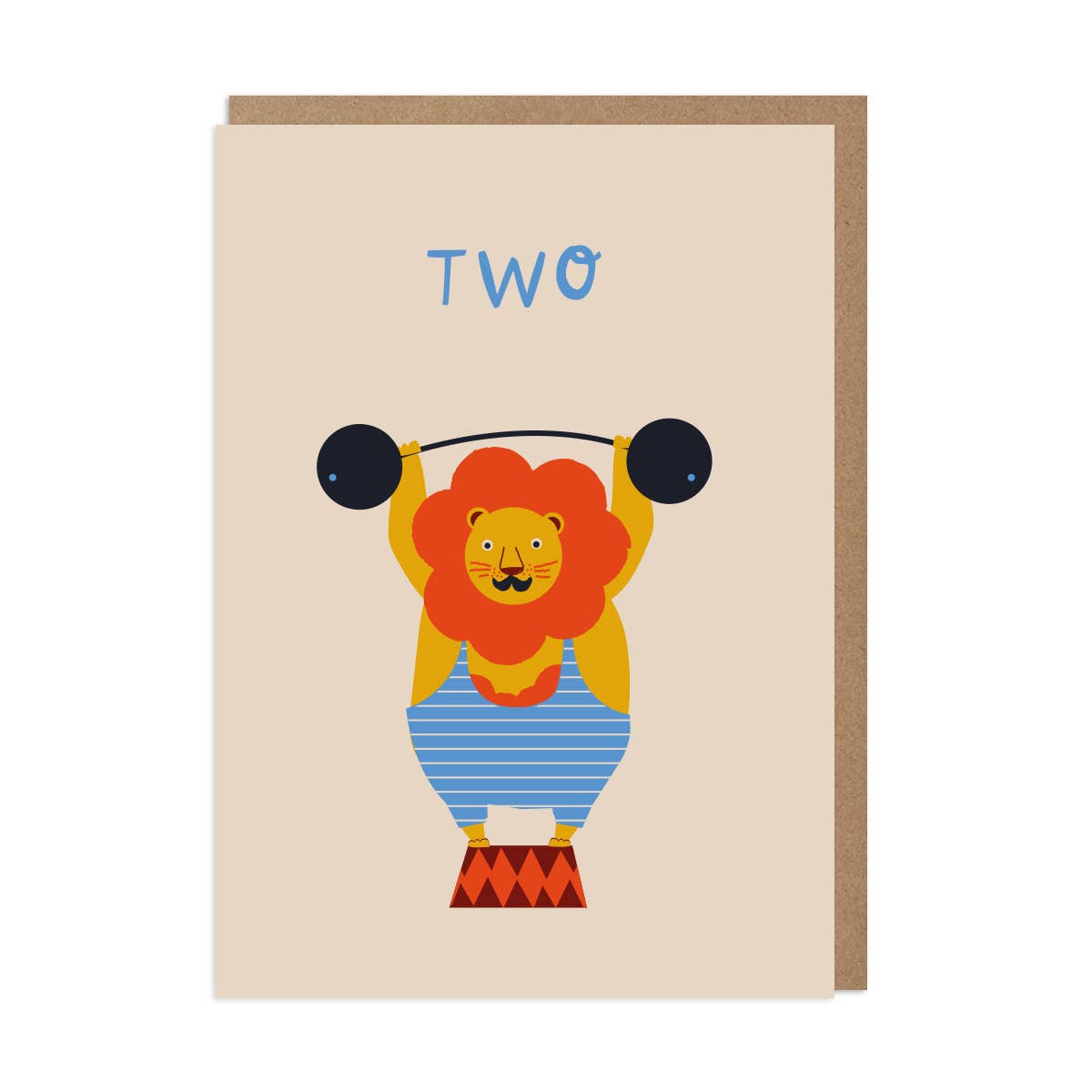 Card with a lion lifting weights and the number 'TWO' on a beige background