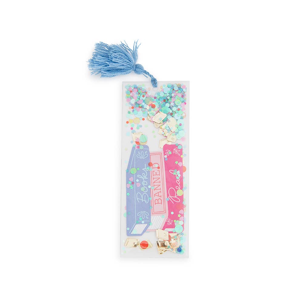 Decorative bookmark with tassel and confetti on a white background