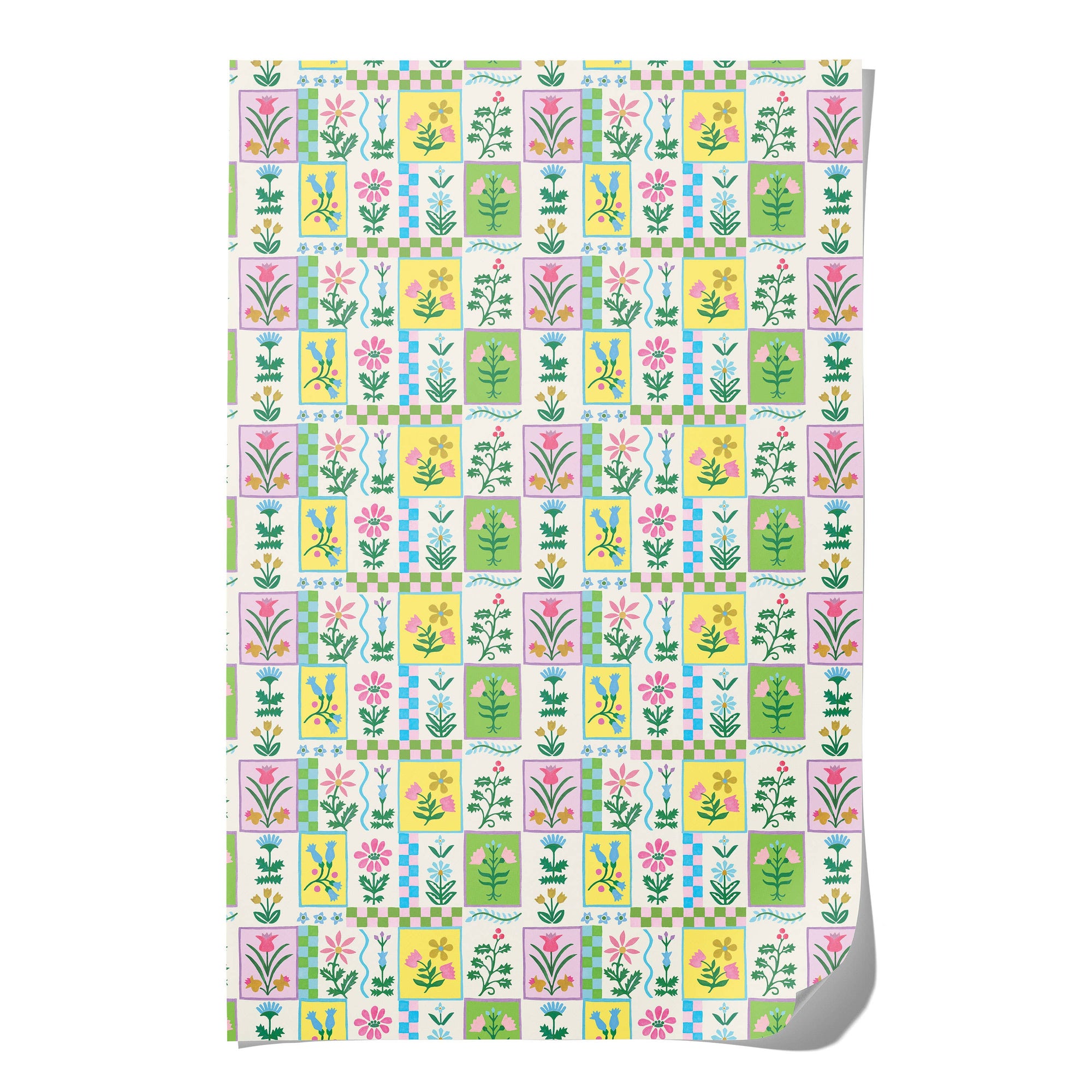 Patterned paper with colorful floral and geometric designs on a white background