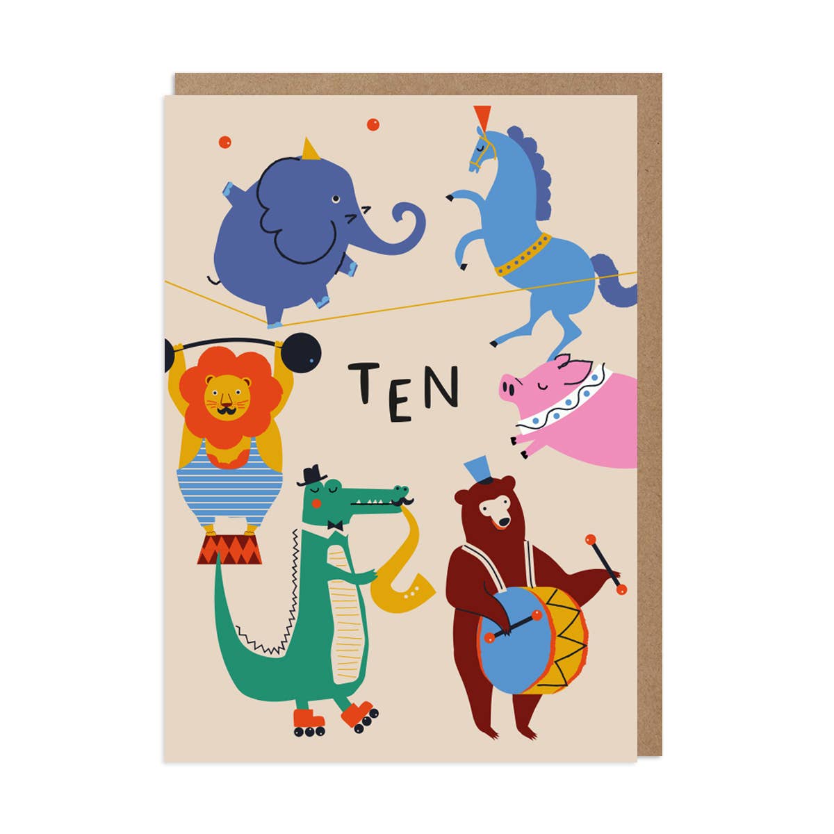 Children's birthday card with colorful animal illustrations and the number 'TEN'.