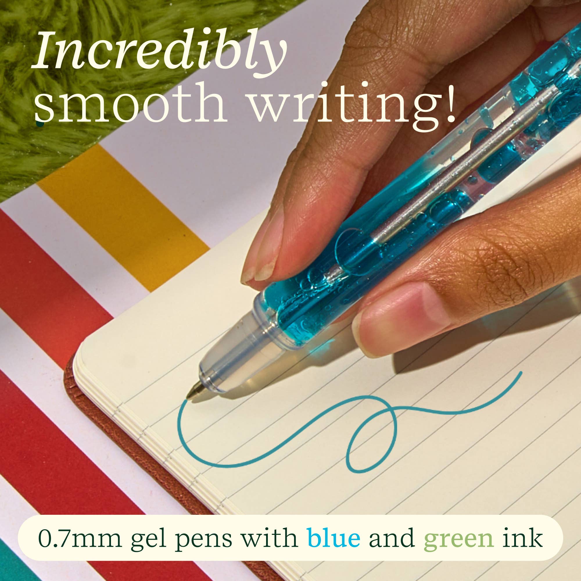 Hand holding a blue gel pen writing on a notebook with text 'Incredibly smooth writing!' and product details.
