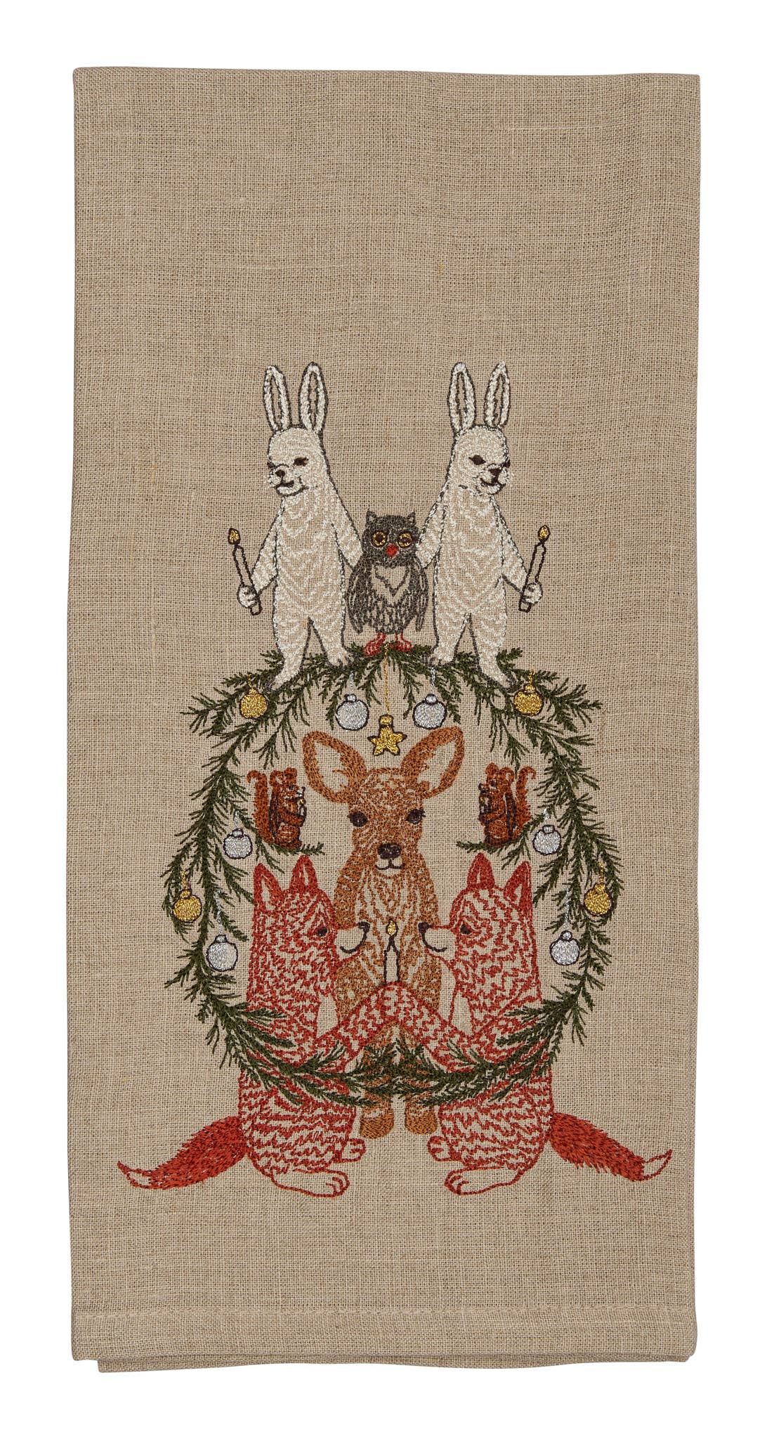 Decorative towel with embroidered design of animals and a wreath on a beige background