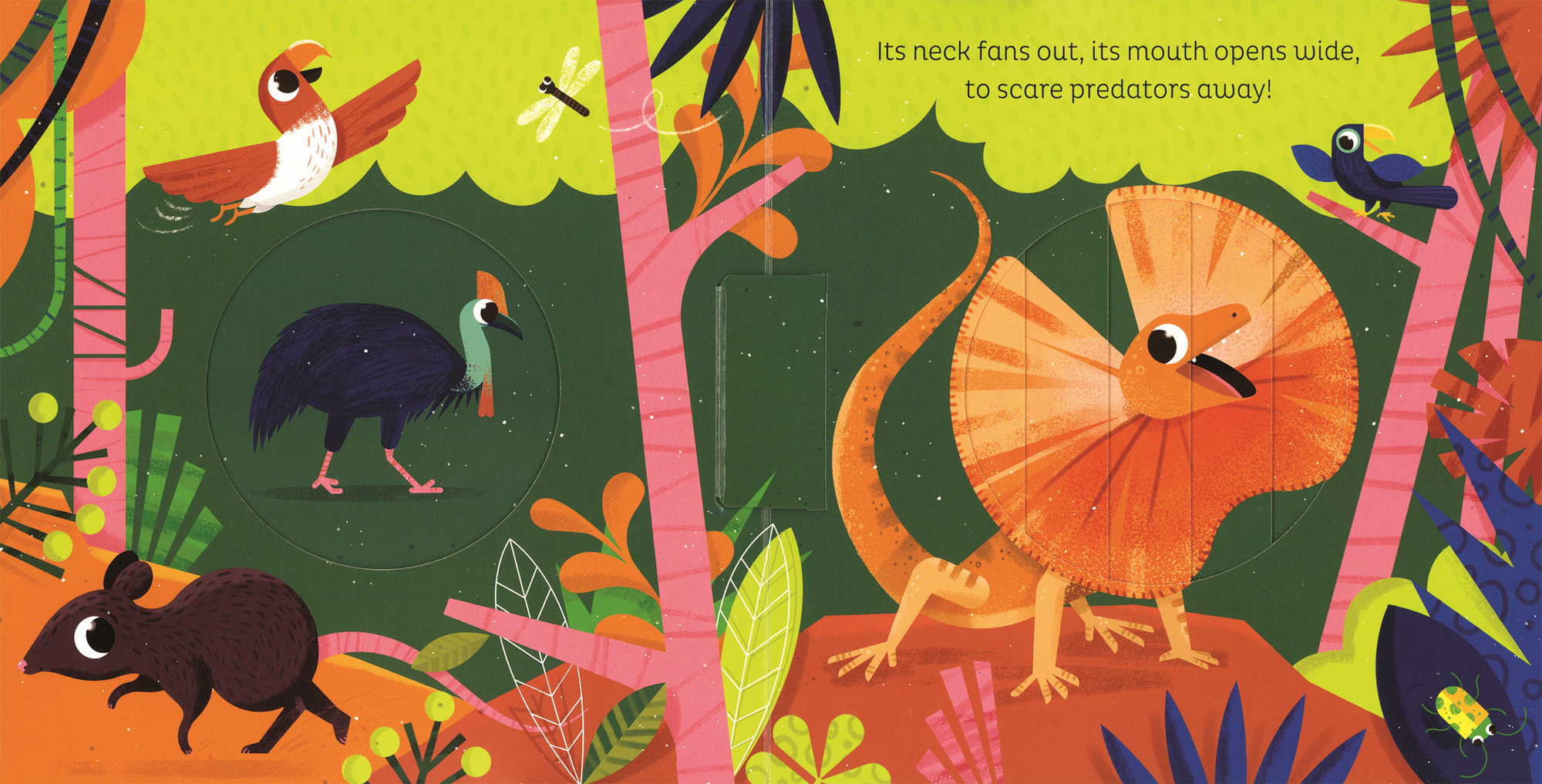 Illustration of a dinosaur in a jungle scene with other animals.
