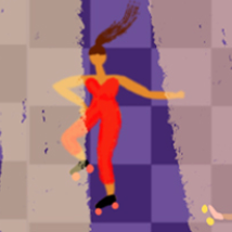 Abstract illustration of a person in a red outfit on a checkered background