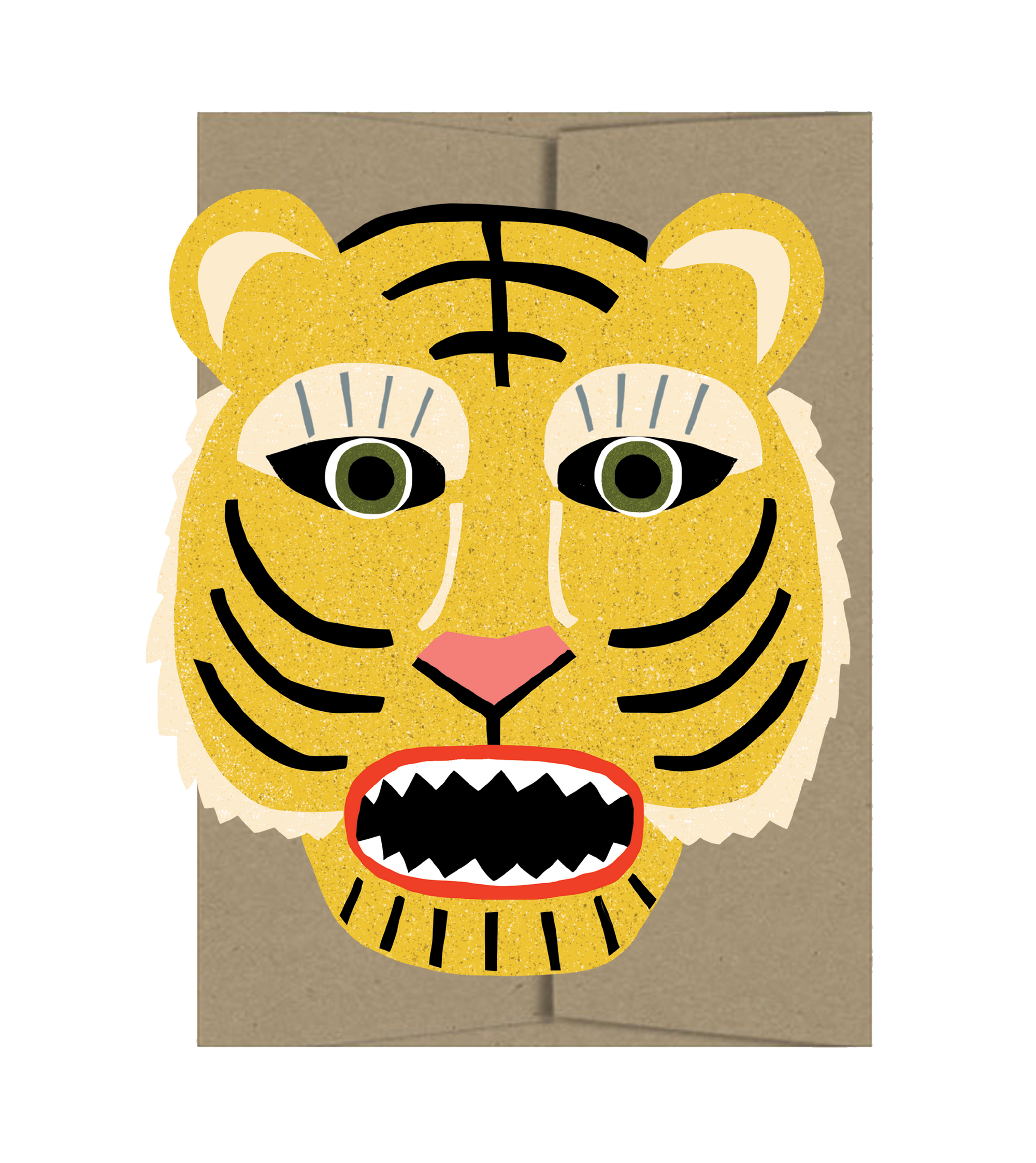 Greeting card with a tiger face design on a brown background