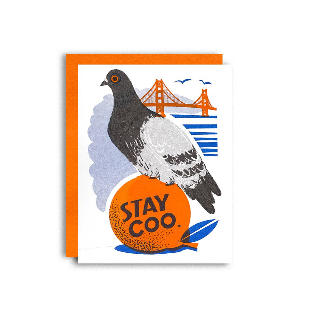 Card with a pigeon illustration and 'Stay Coo' text on an orange border