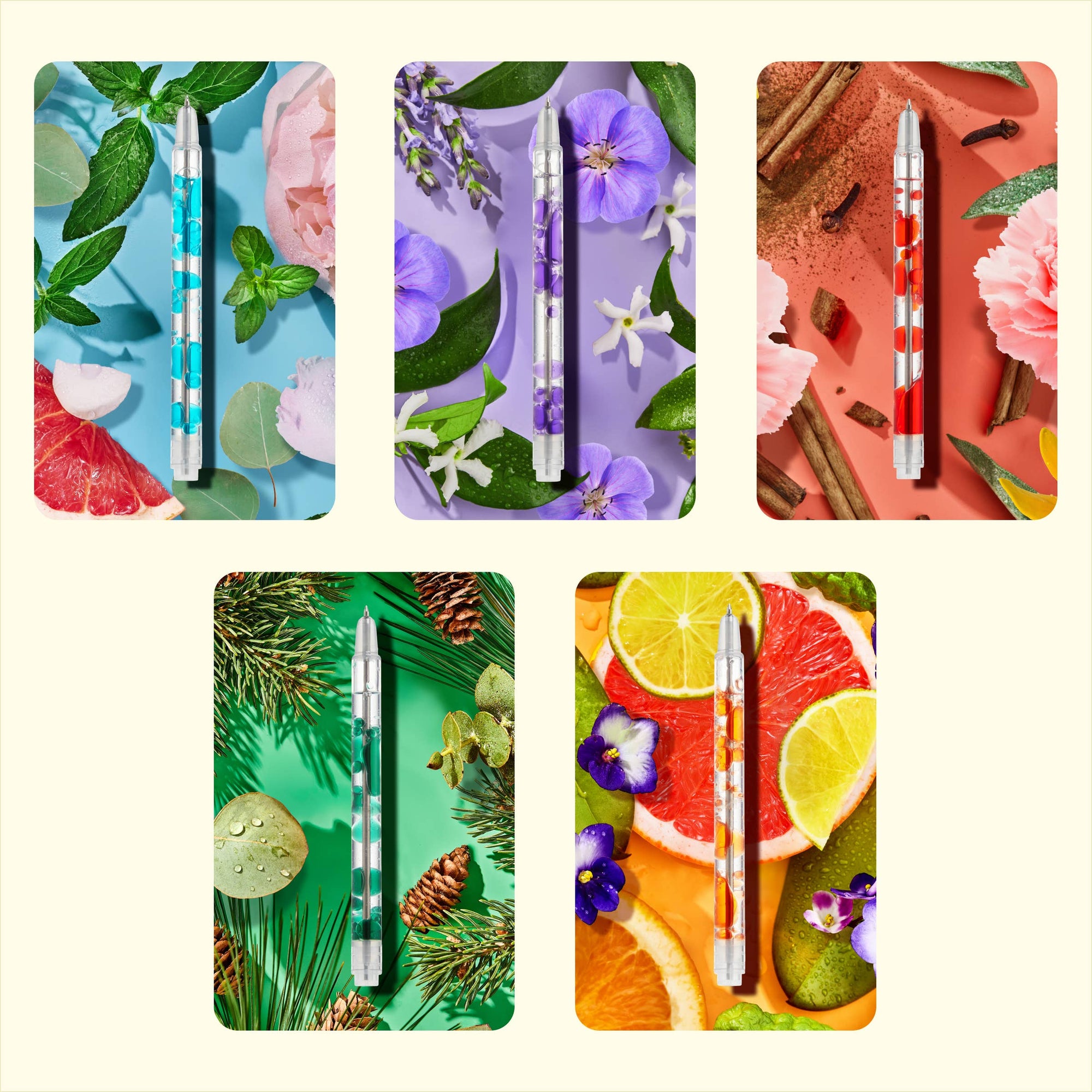 Set of six colorful phone cases with floral, nature, and fruit designs on a white background.
