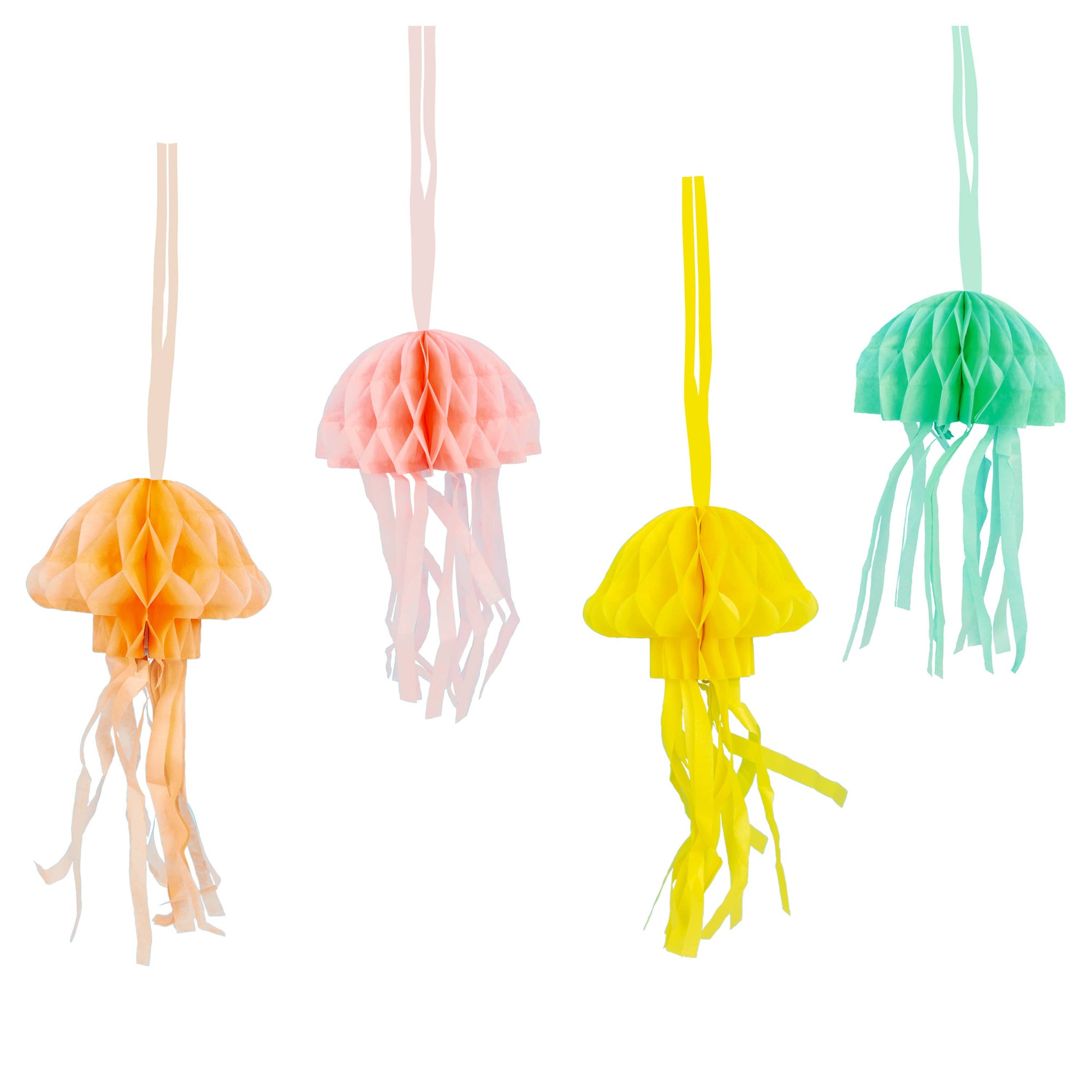Set of colorful jellyfish-shaped decorations on a white background