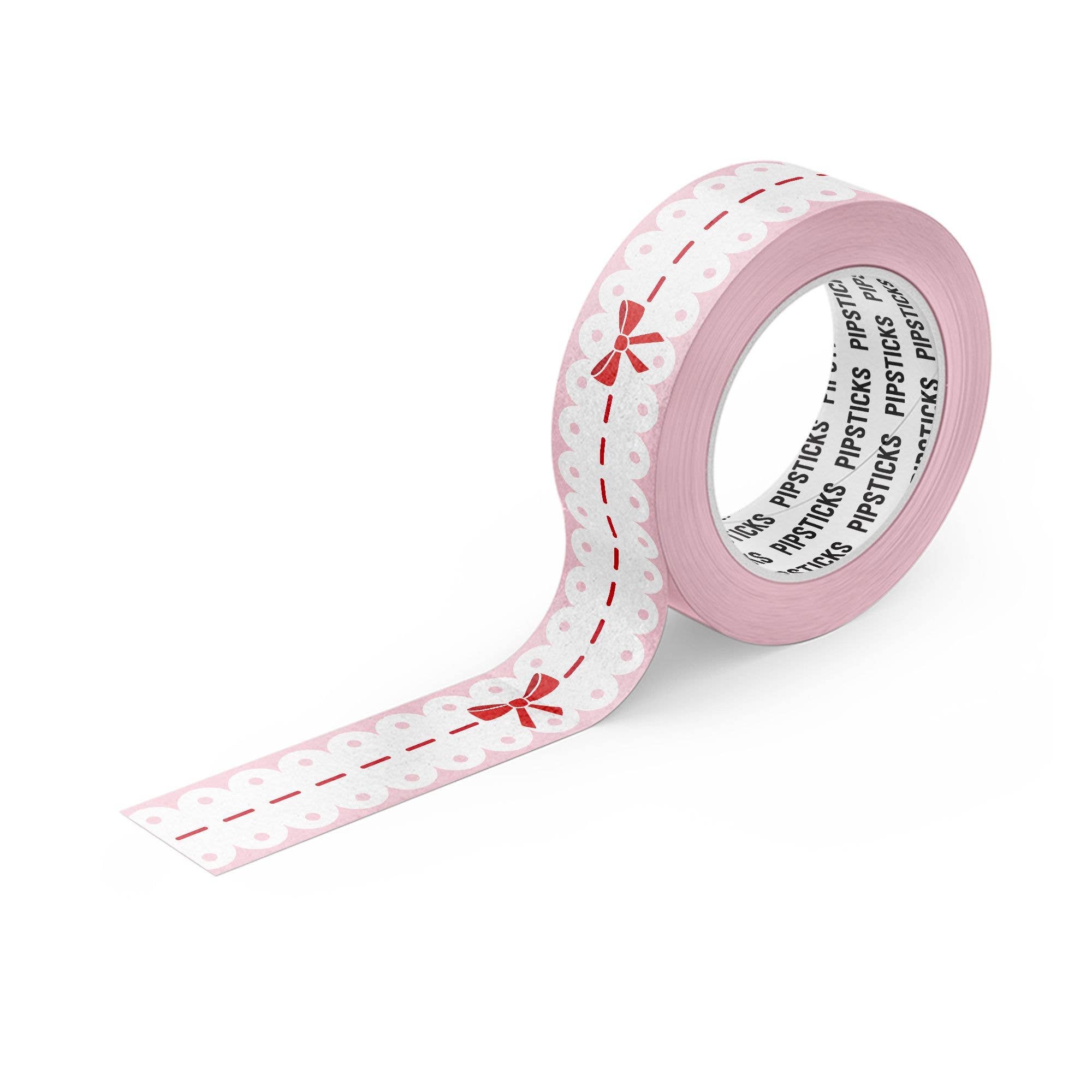 Pink decorative tape with red bow pattern on a white background