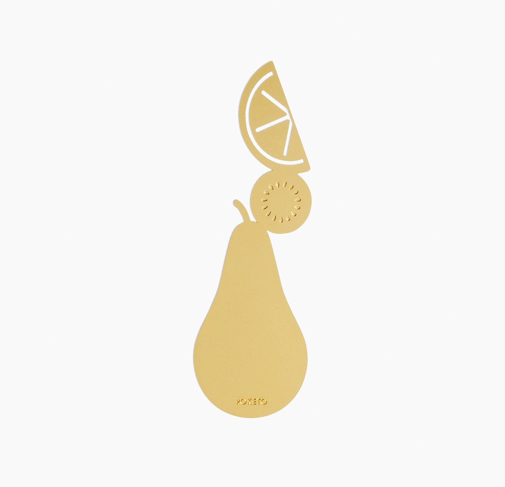 Gold-colored pear-shaped placemat with a slice of lemon and kiwi on a white background
