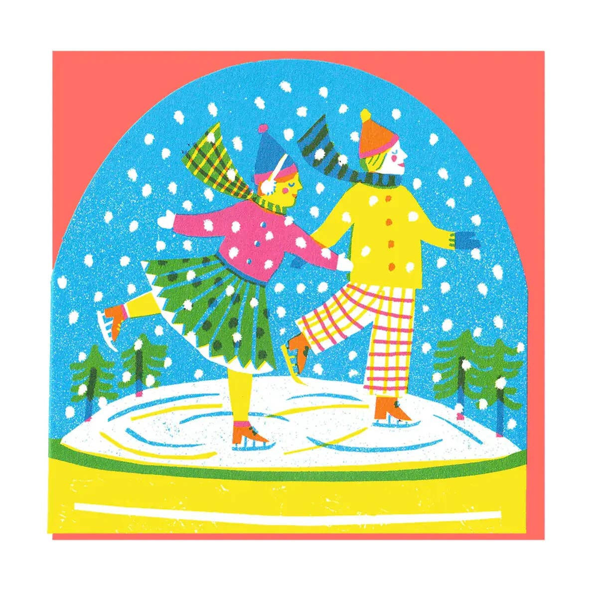 Colorful illustration of two people skating on ice with a snowy background