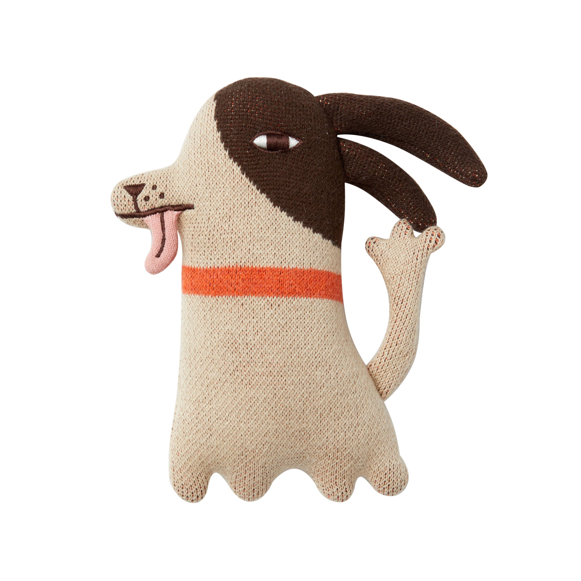 A knitted, organic cotton toy resembling a stylized dog with a beige body, brown ears, and a red collar.