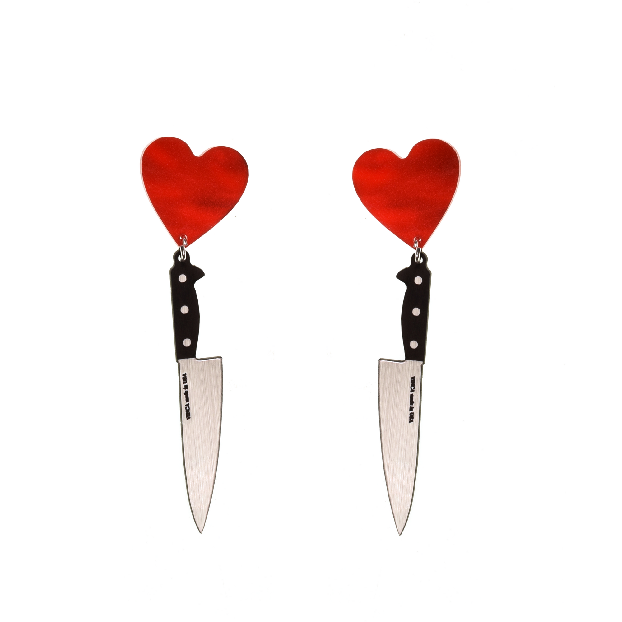 Knife earrings with red heart-shaped ends on a white background